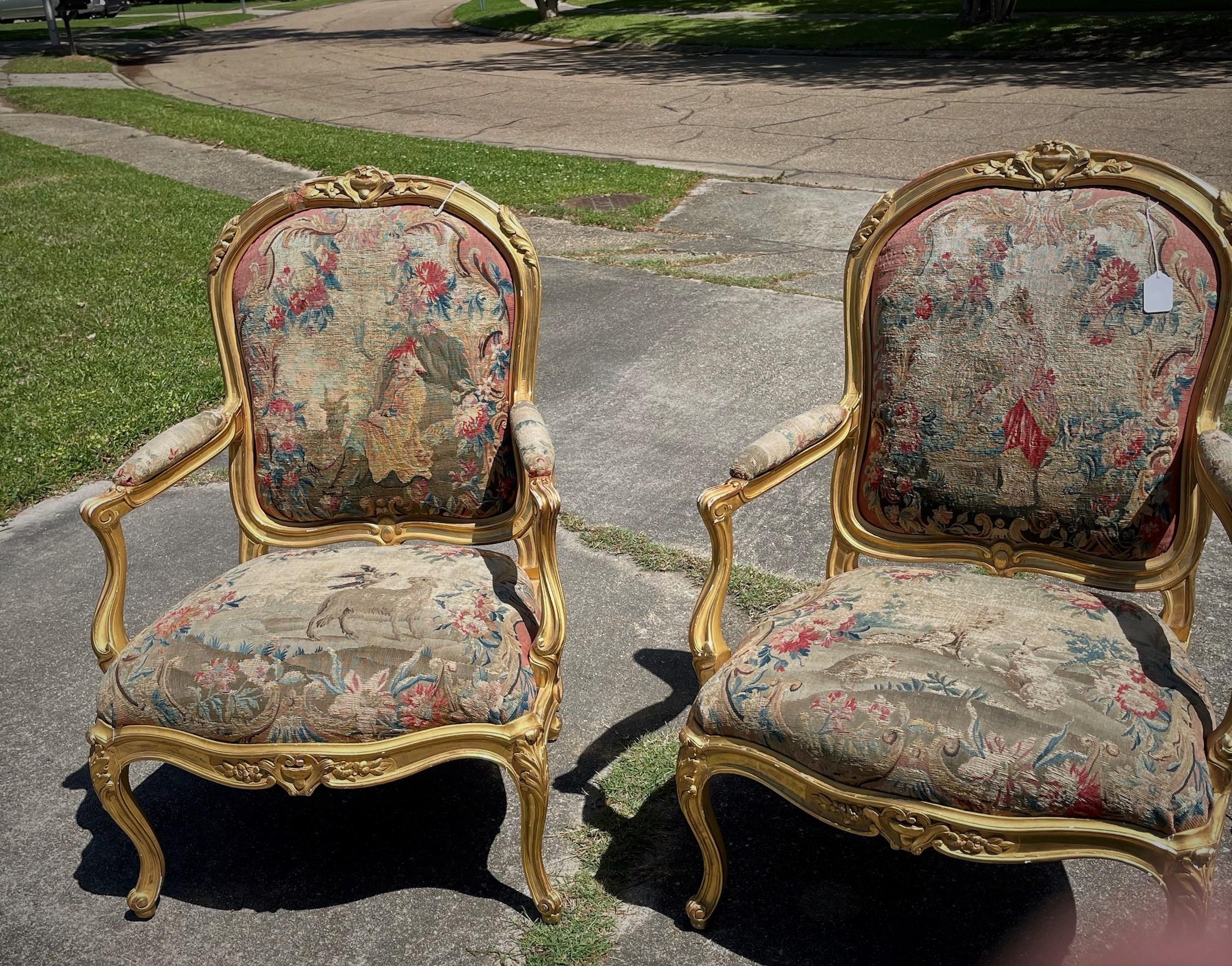 Pair of Large Louis XV Style Giltwood Fauteuil with Tapestry For Sale 7