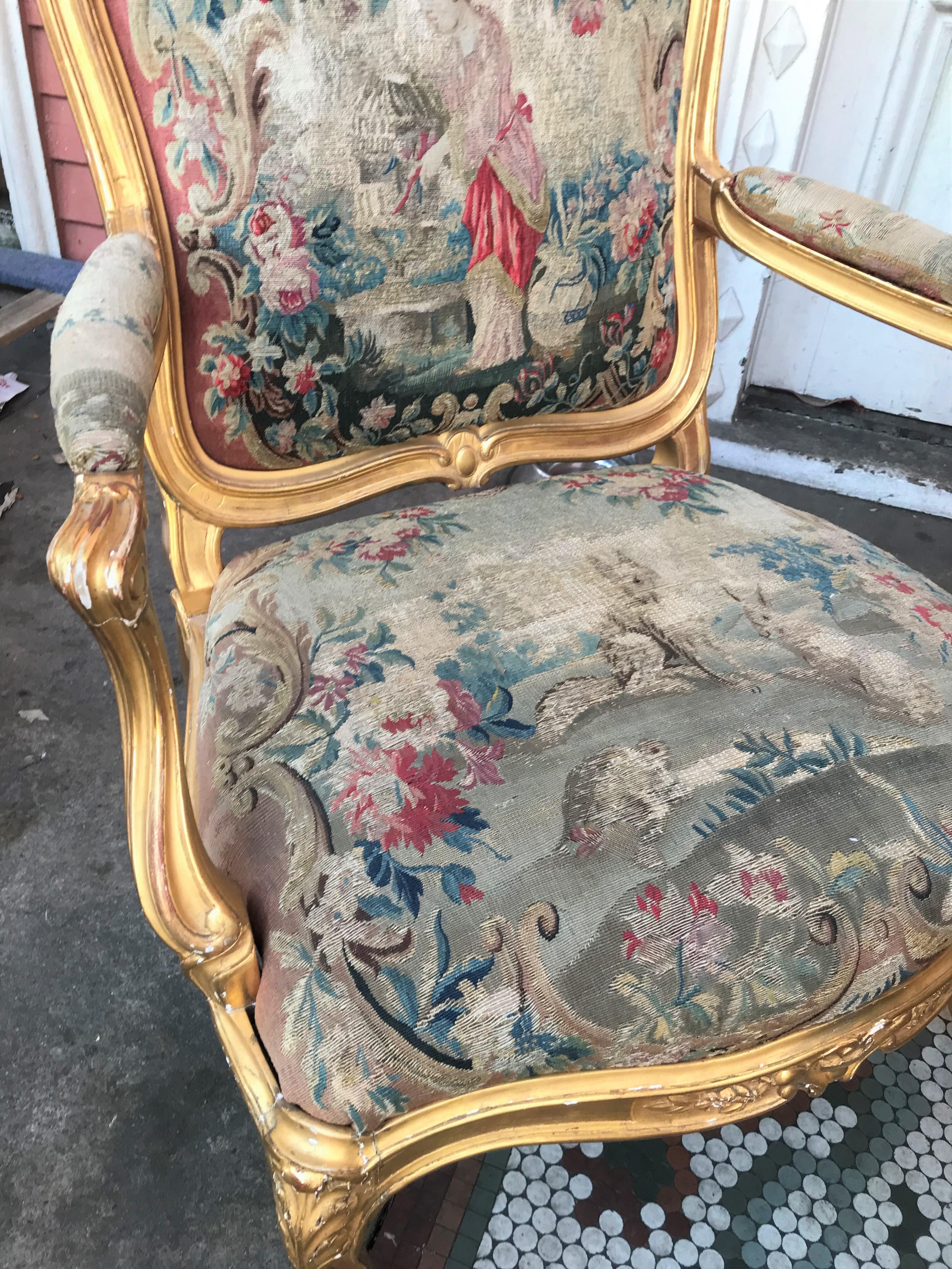 Pair of Large Louis XV Style Giltwood Fauteuil with Tapestry For Sale 8