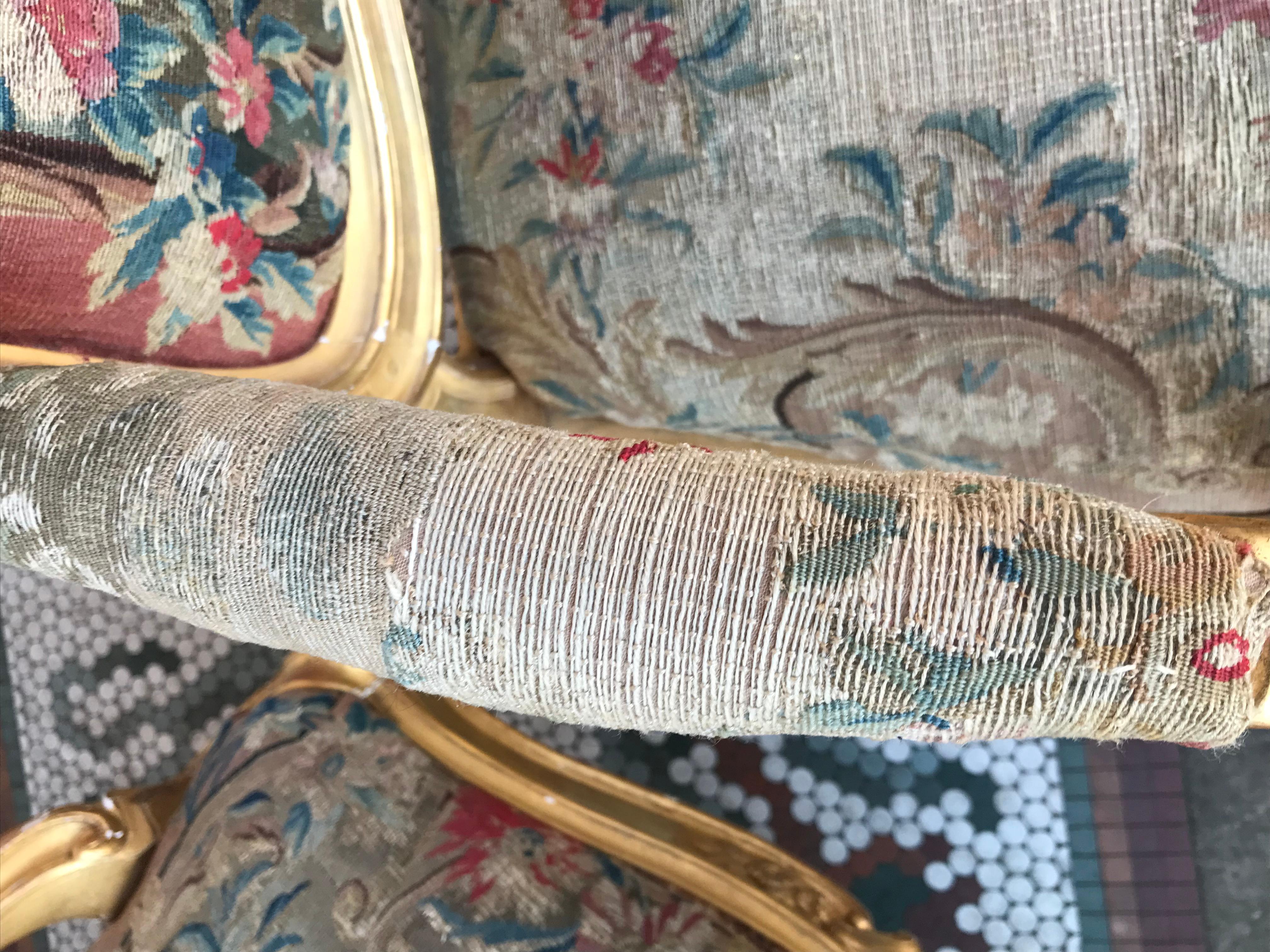Pair of Large Louis XV Style Giltwood Fauteuil with Tapestry For Sale 10