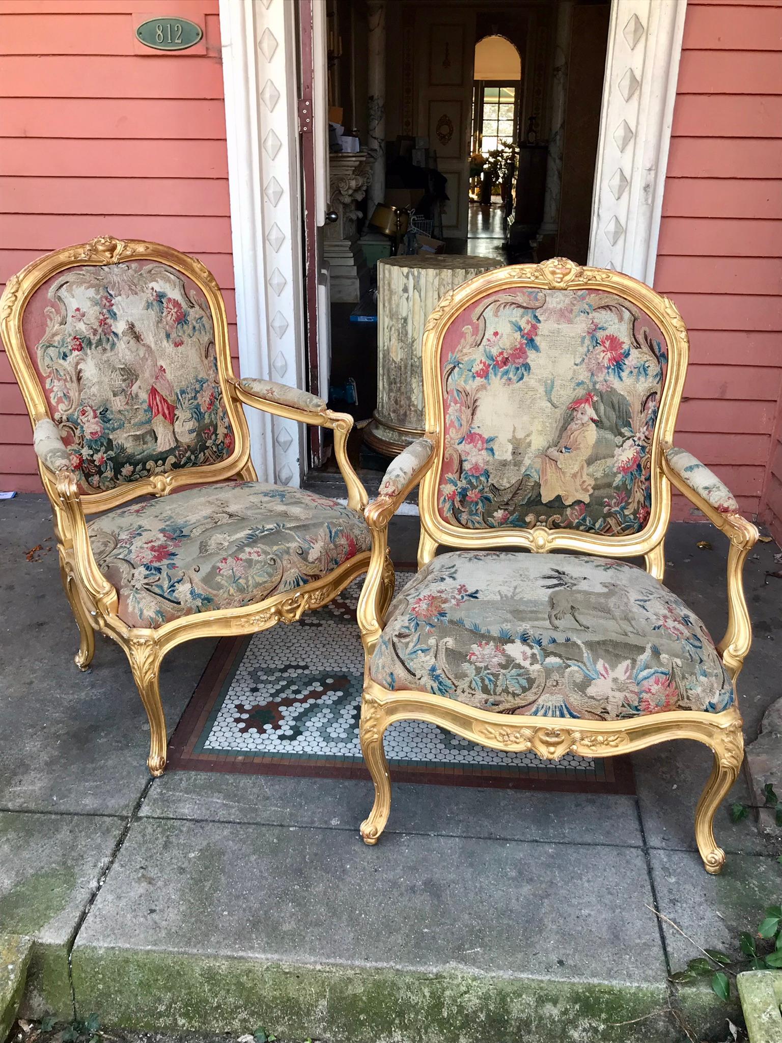 Pair of Large Louis XV Style Giltwood Fauteuil with Tapestry For Sale 11