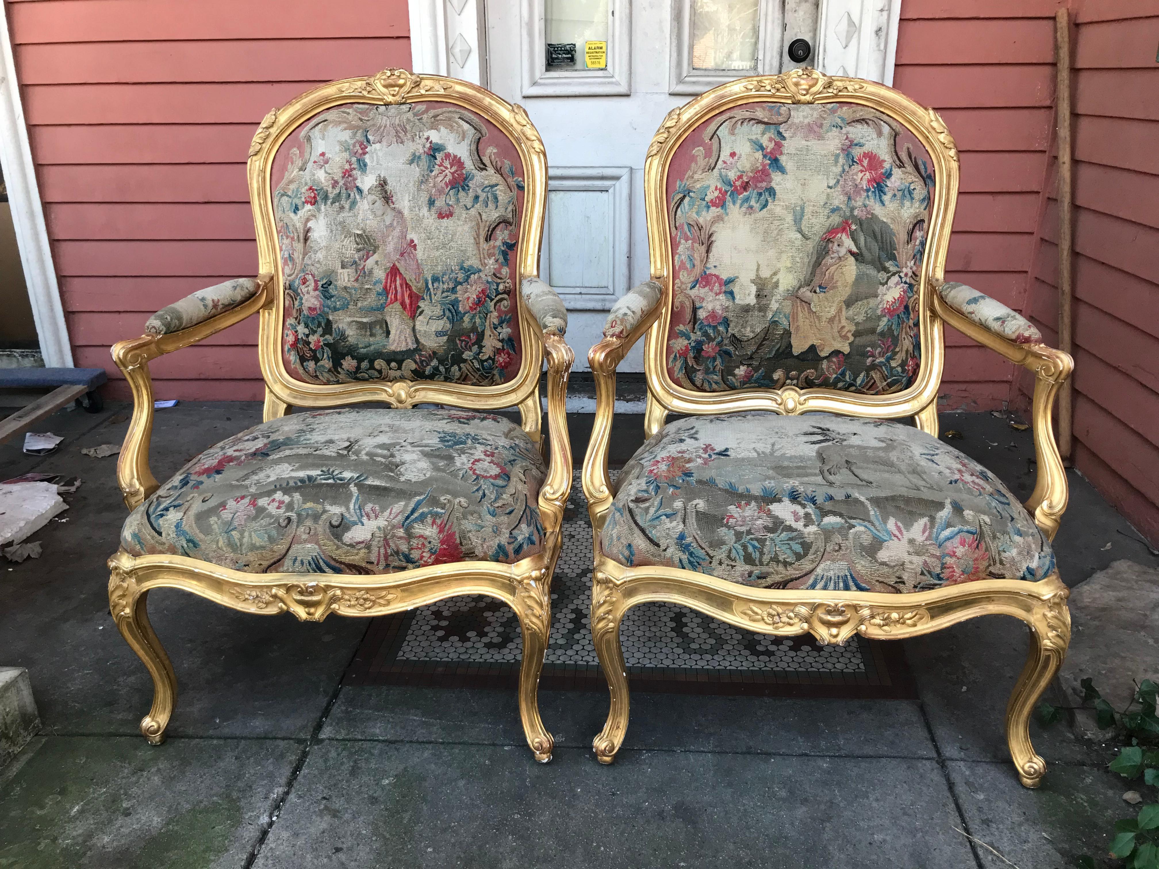 Estate lawyers say must sell as probate close looms . Pair of unusually large and commodious giltwood fauteuil with possibly 18th century chinoiserie tapestry later associated (and after a conservation process ). The floral tapestry embellished with