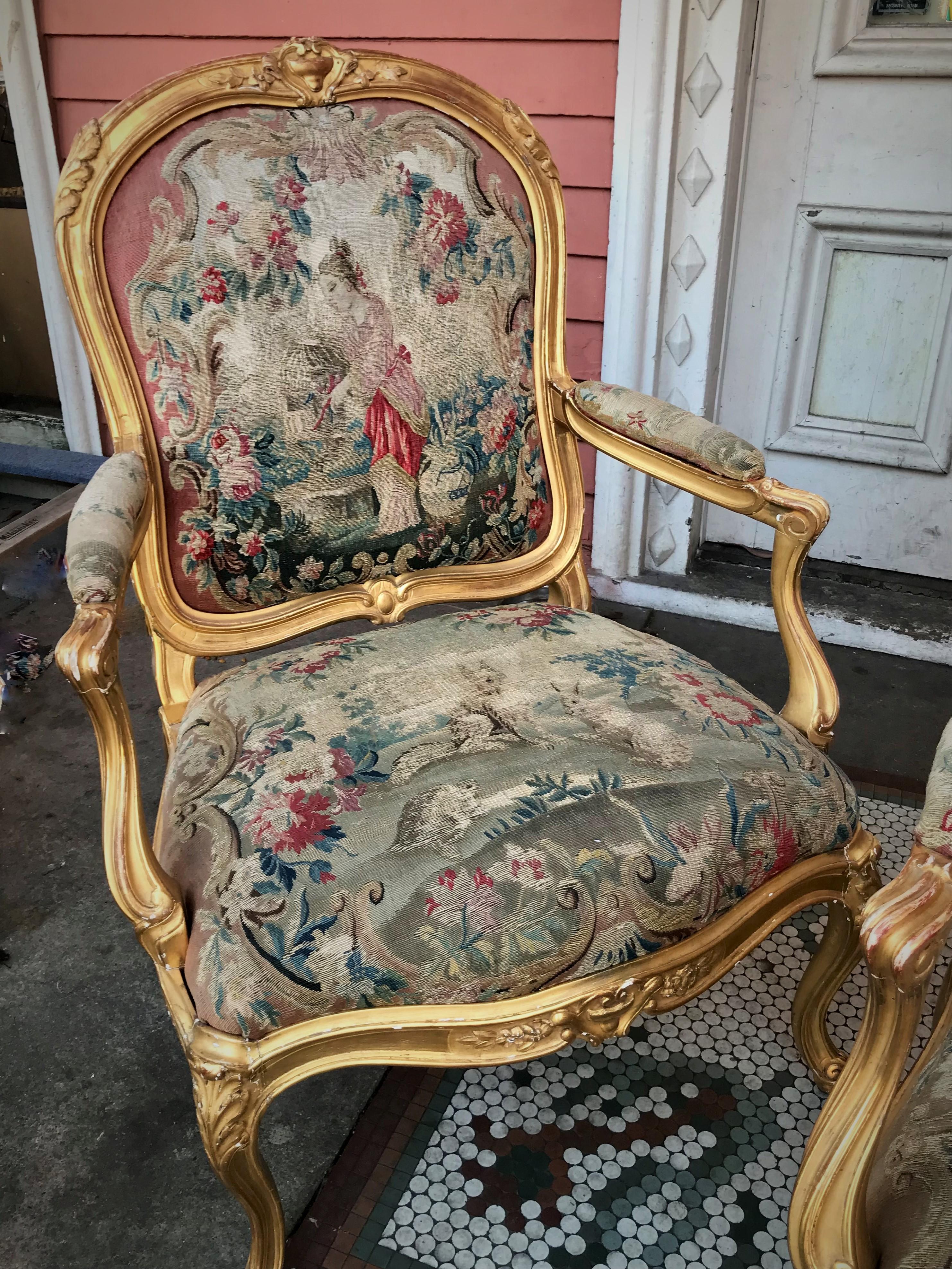 French Pair of Large Louis XV Style Giltwood Fauteuil with Tapestry For Sale