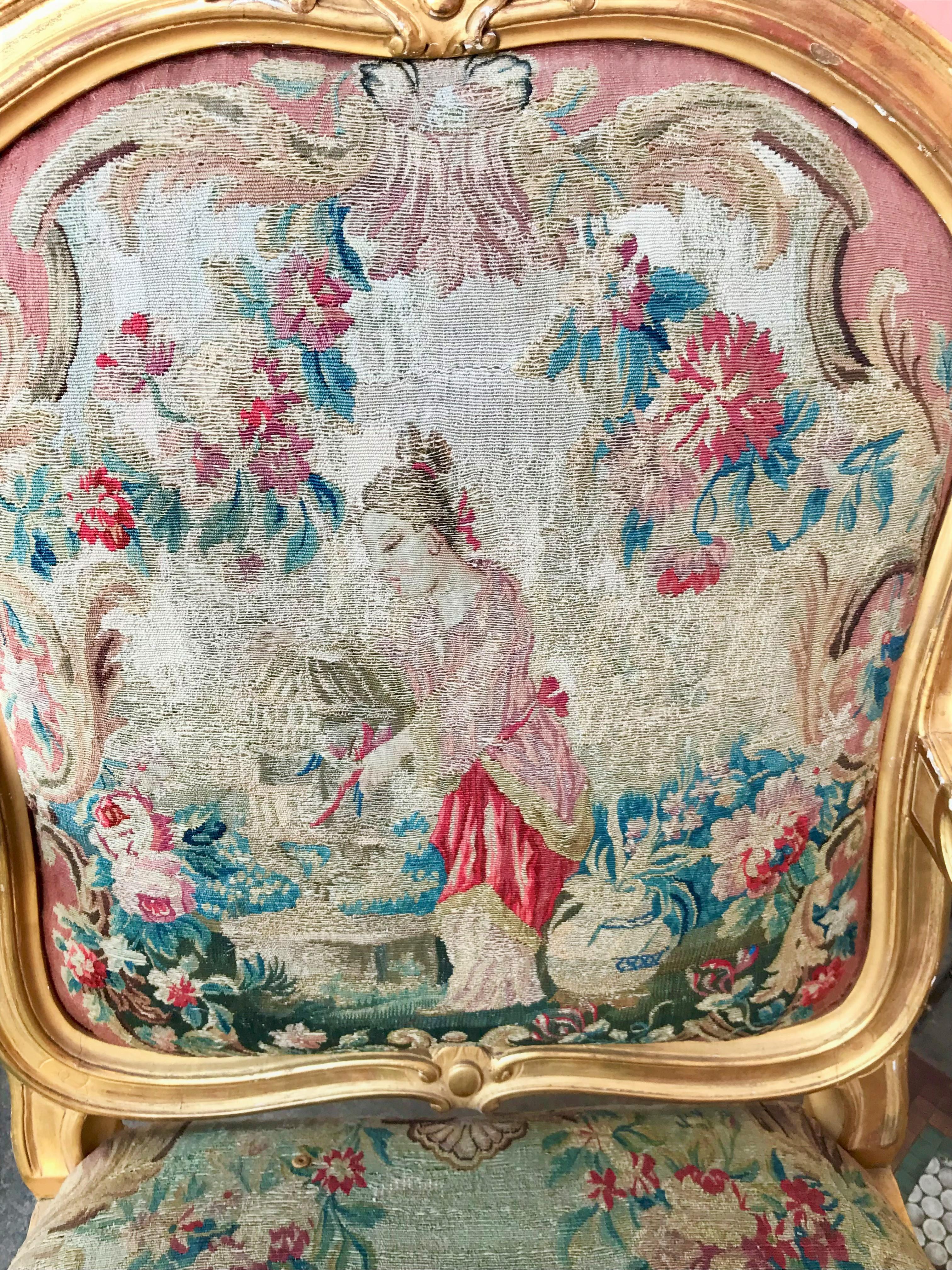 Pair of Large Louis XV Style Giltwood Fauteuil with Tapestry In Distressed Condition For Sale In Nashville, TN