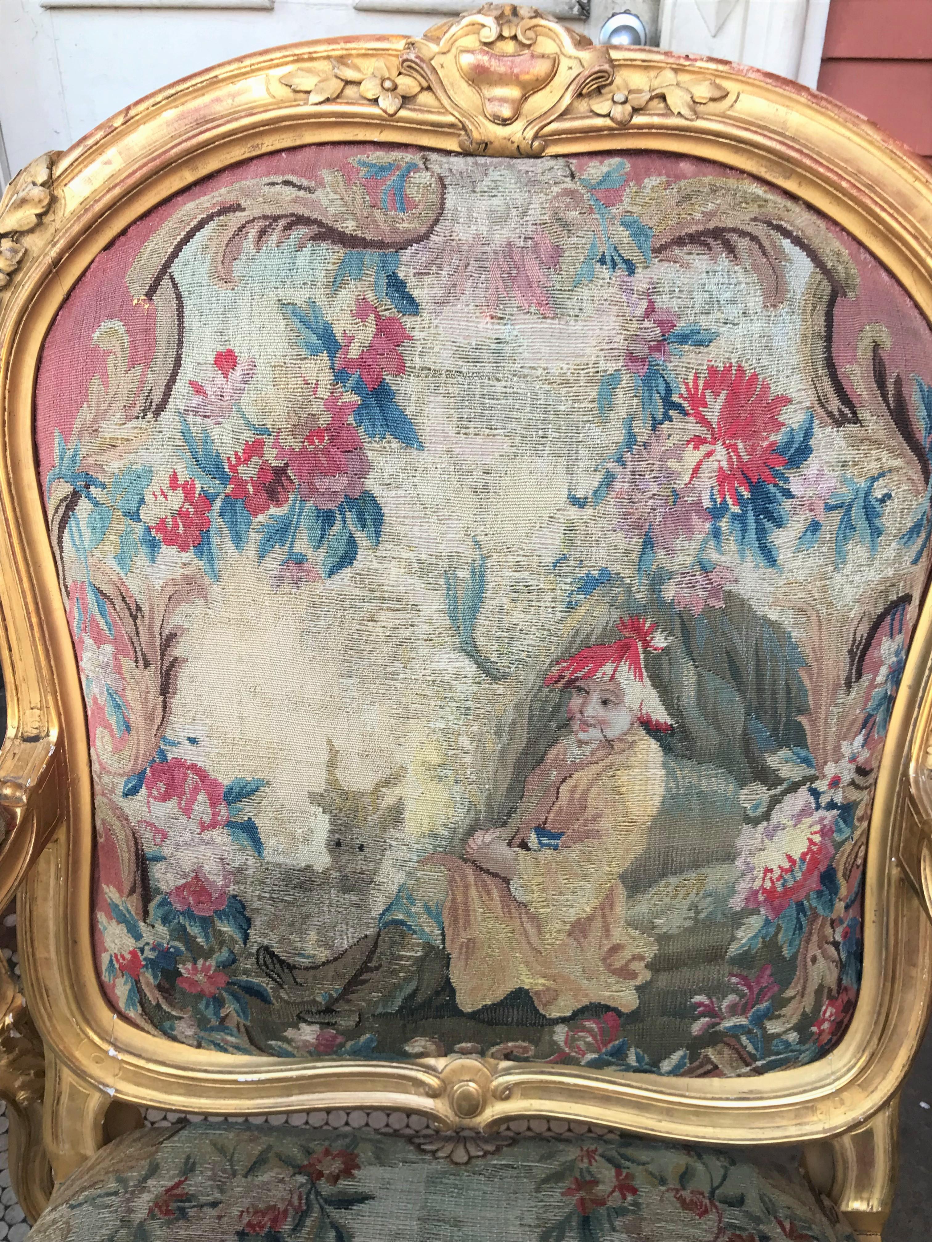 Pair of Large Louis XV Style Giltwood Fauteuil with Tapestry For Sale 1