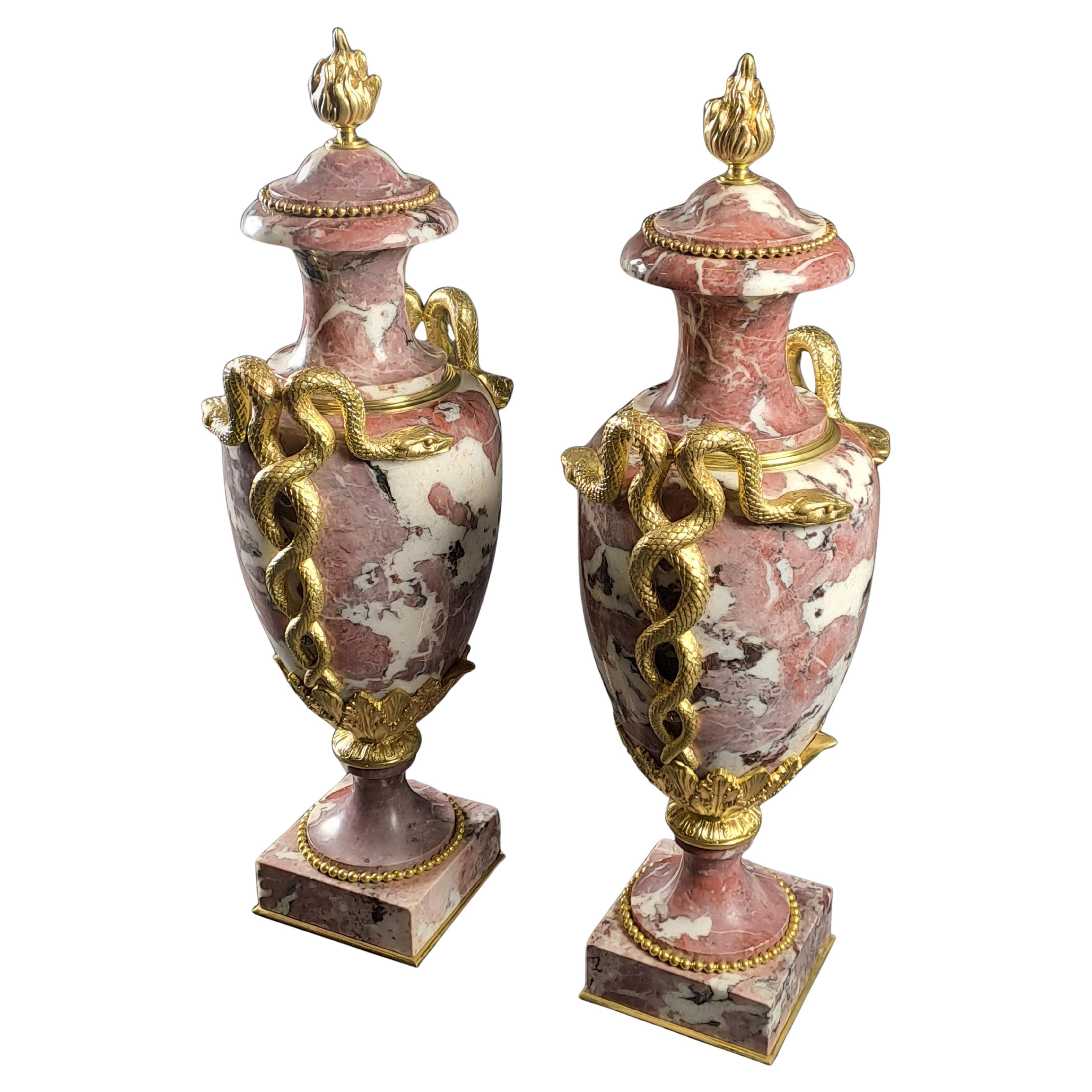Pair Of Large Louis XVI Style Cassolettes In Belgian Royal Marble And Gilt Bronz