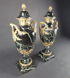 Pair Of Large Louis XVI Style Cassolettes In Sea-green Marble And Gilt Bronze