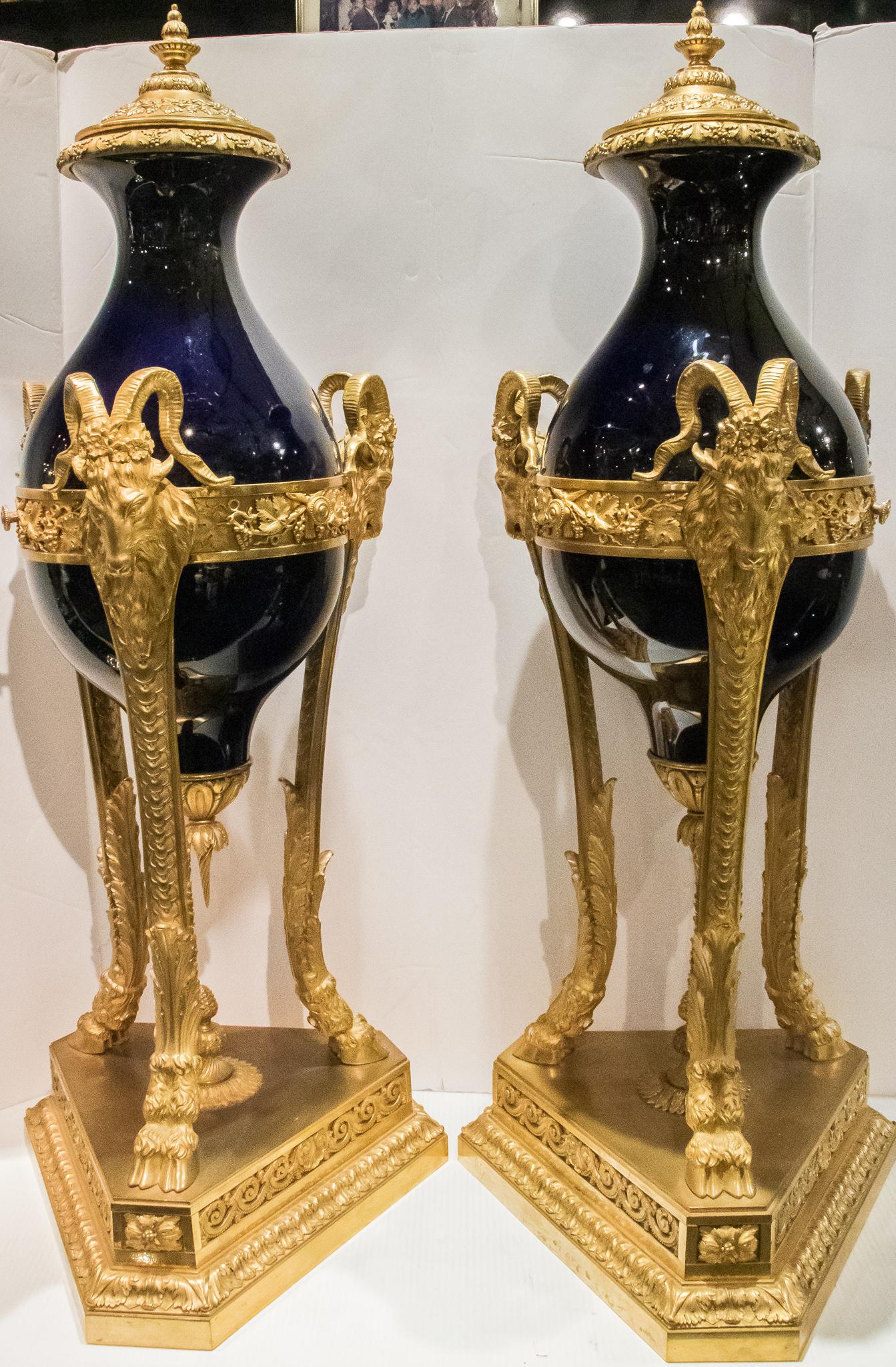 Gilt Pair of Large Louis XVI Style Cobalt Blue Sevres Bronze Mounted Urns For Sale