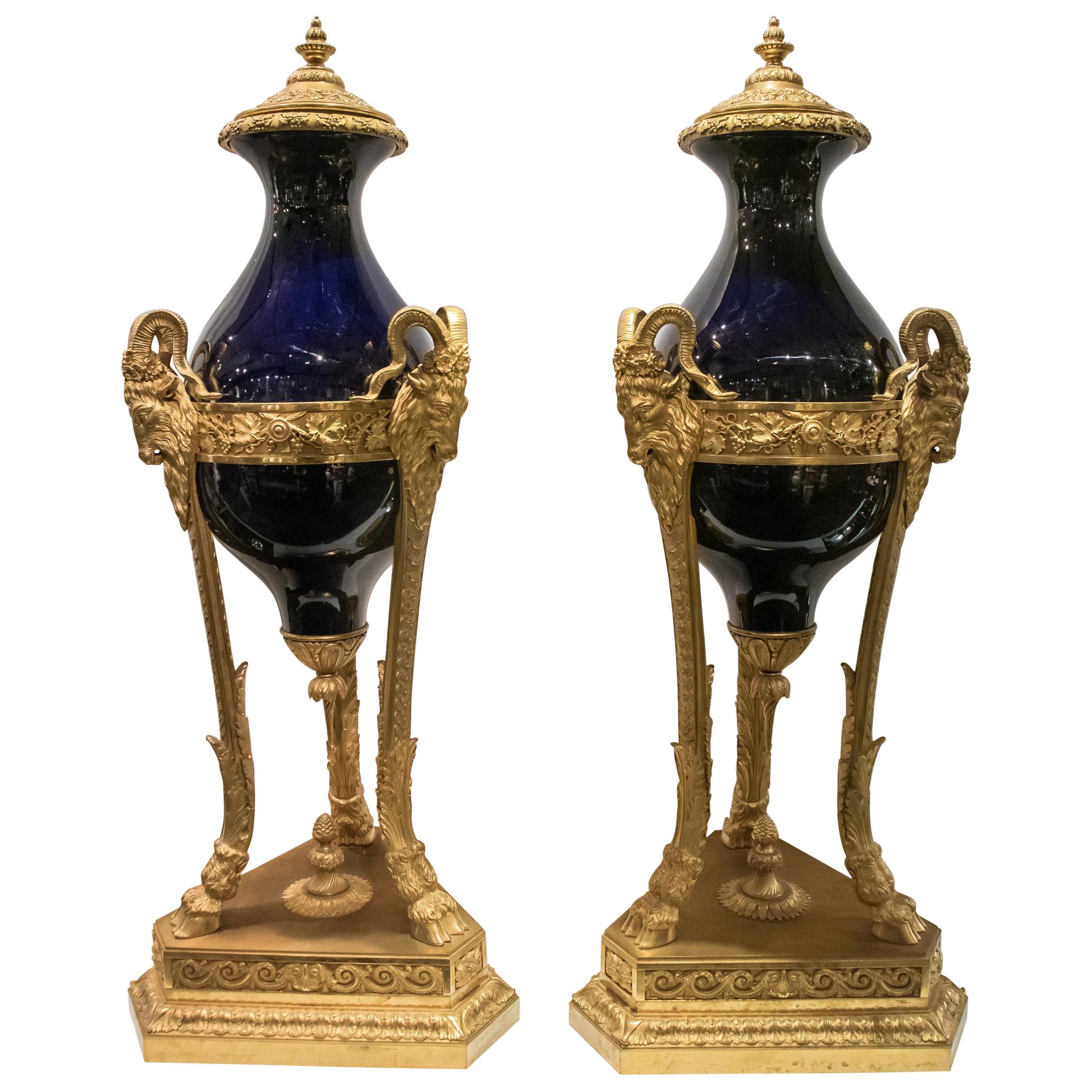 Pair of Large Louis XVI Style Cobalt Blue Sevres Bronze Mounted Urns For Sale