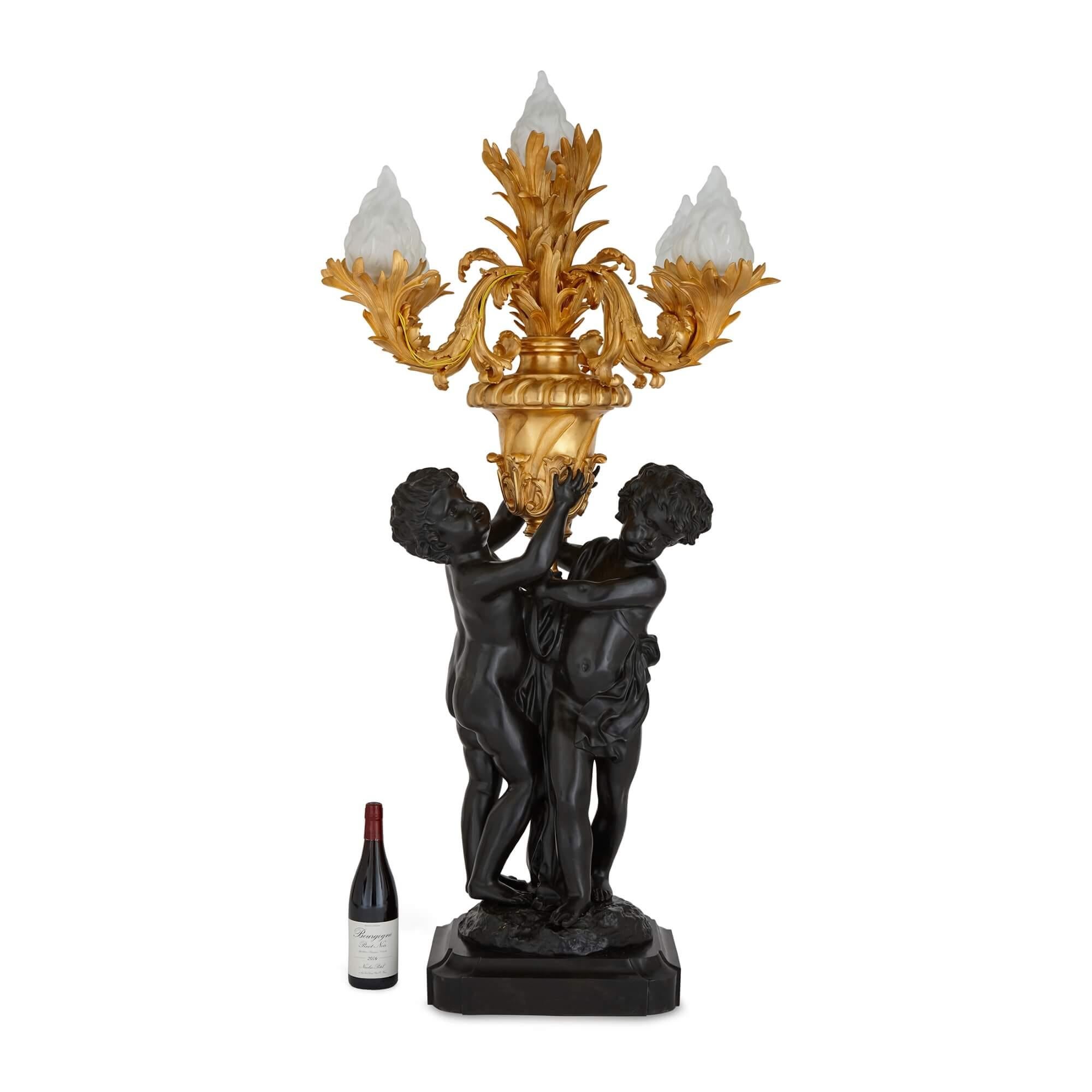 Pair of Large Louis XVI Style Gilt and Patinated Bronze Cherub Candelabra For Sale 5
