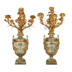 Pair of Large Louis XVI Style Gilt Bronze Mounted Fluorspar Candelabra