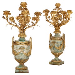 Antique Pair of Large Louis XVI Style Gilt Bronze Mounted Fluorspar Candelabra
