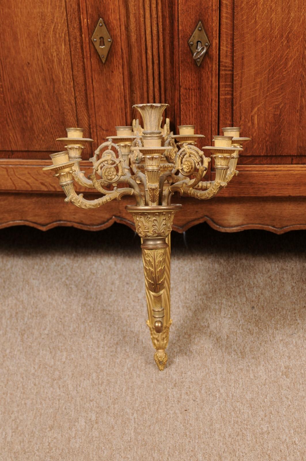 French Pair of Large Louis XVI Style Gilt Bronze Sconces with 7 Lights, 19th Century