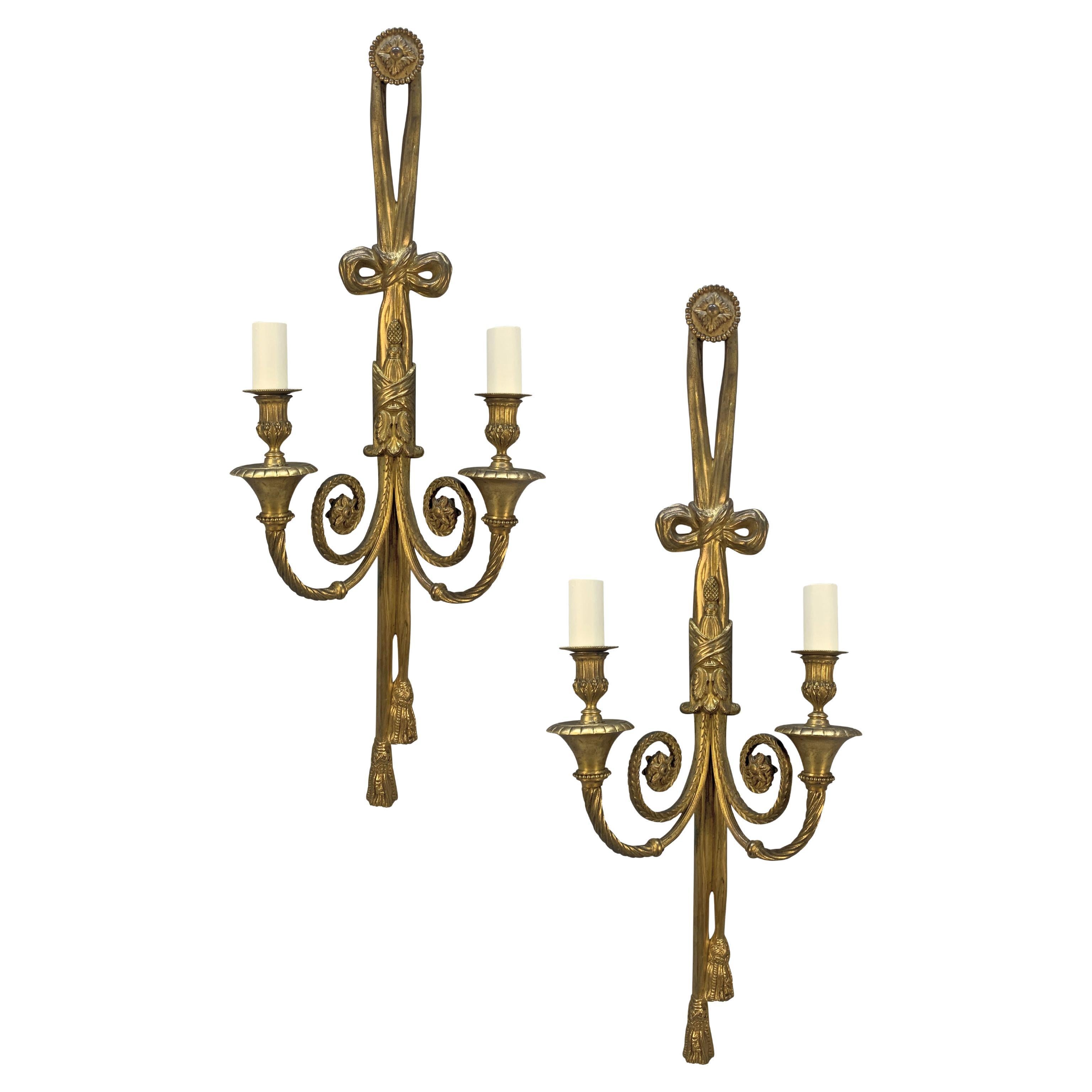 Pair Of Large Louis XVI Style Gilt Bronze Wall Lights For Sale