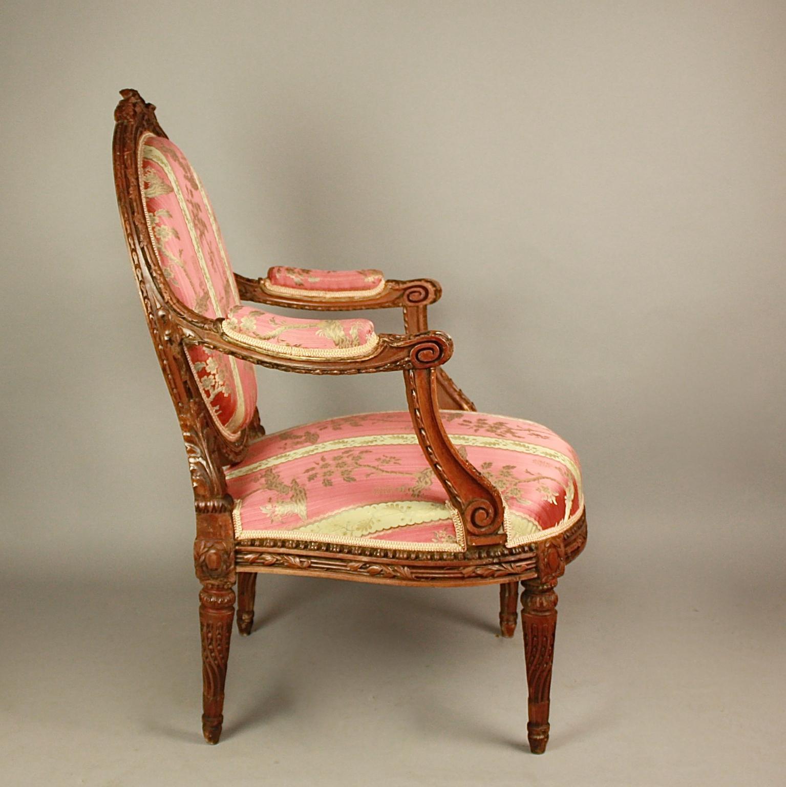 Carved Pair of 19th Ct. Louis XVI Style Walnut Fauteuils or Armchairs after J.-R. Nadal