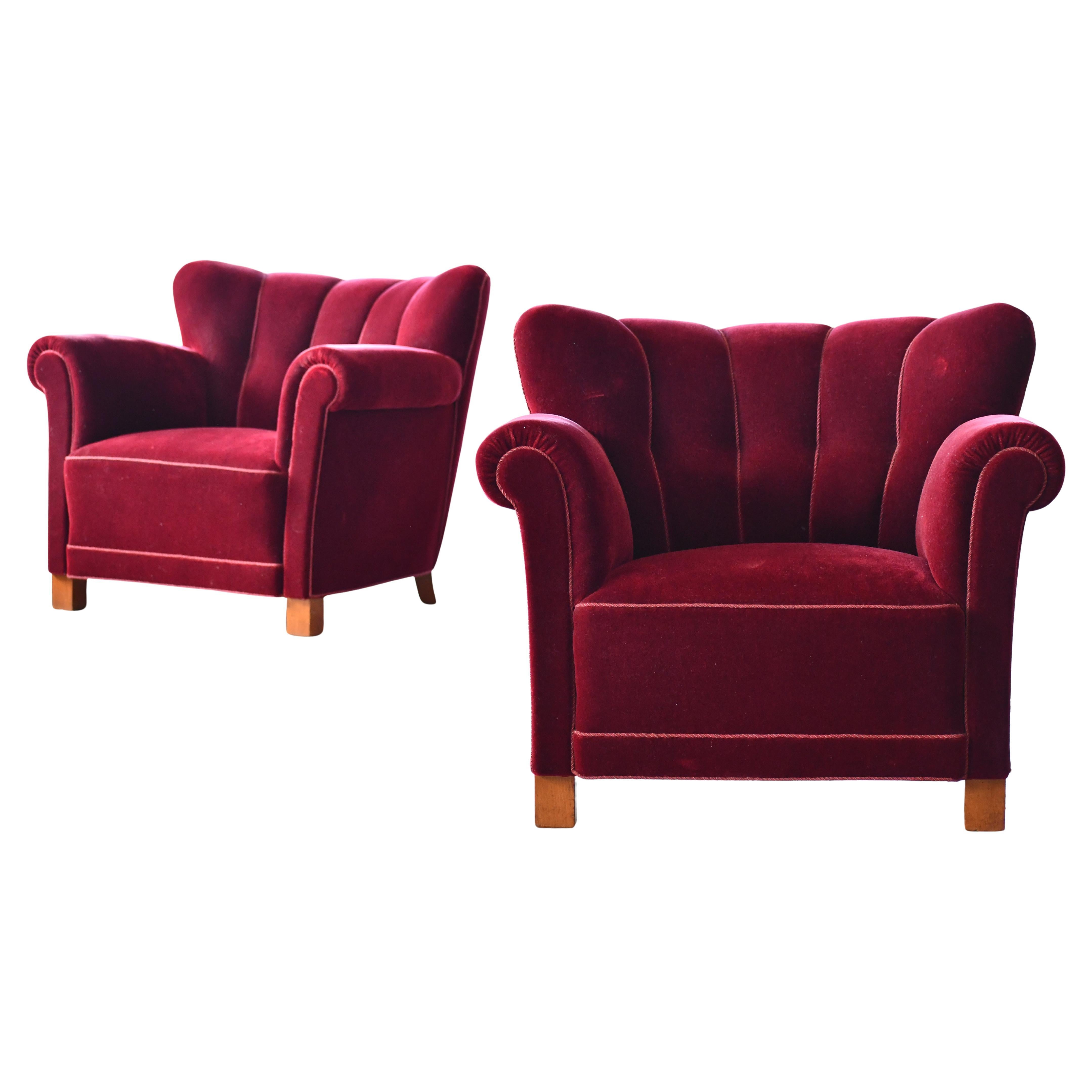 Pair of large Low Channel Back Club Chairs in Red Mohair Danish 1940s