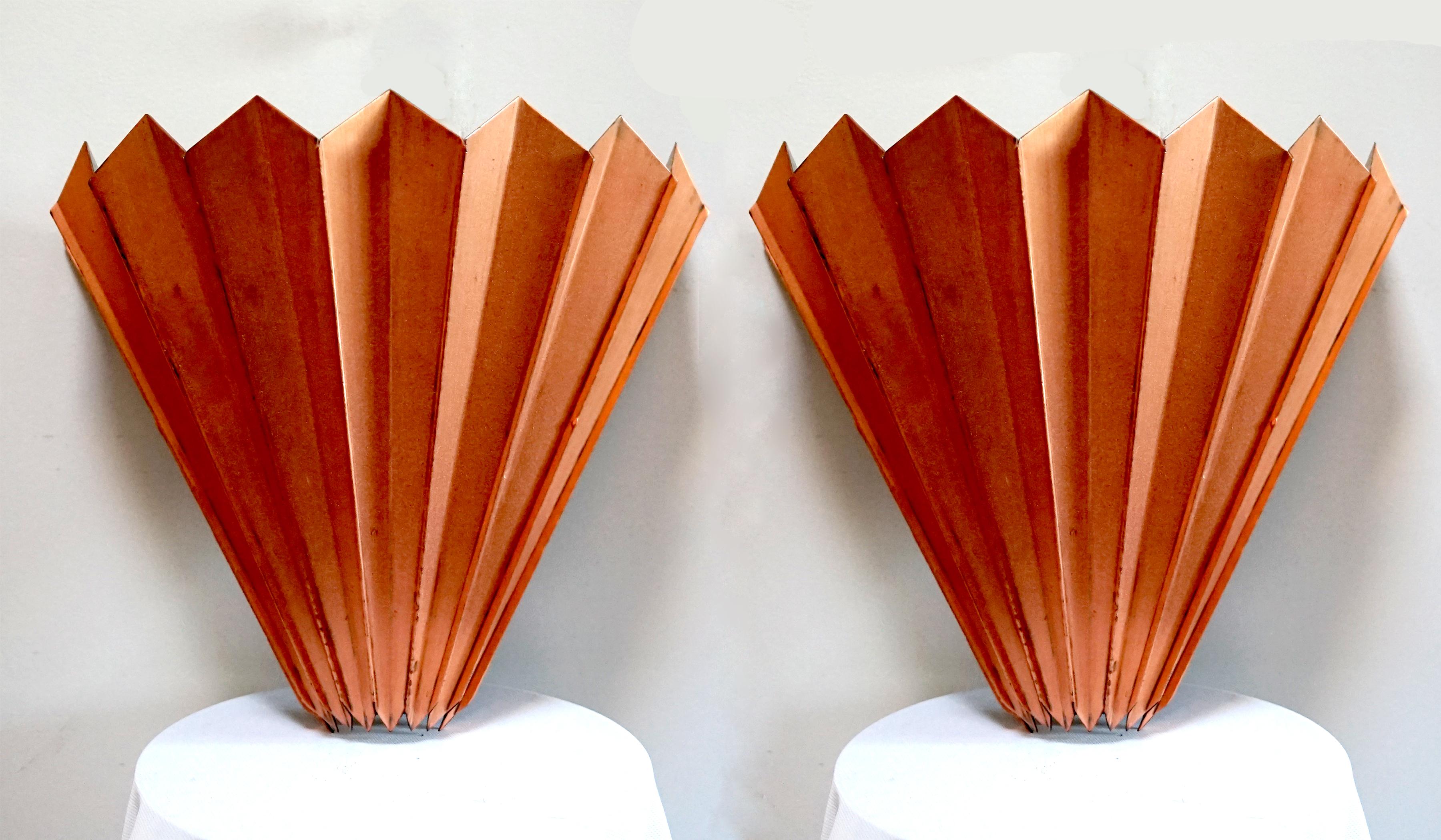 Hand-Crafted Pair of Large Lubow Copper Fluted Sconces For Sale