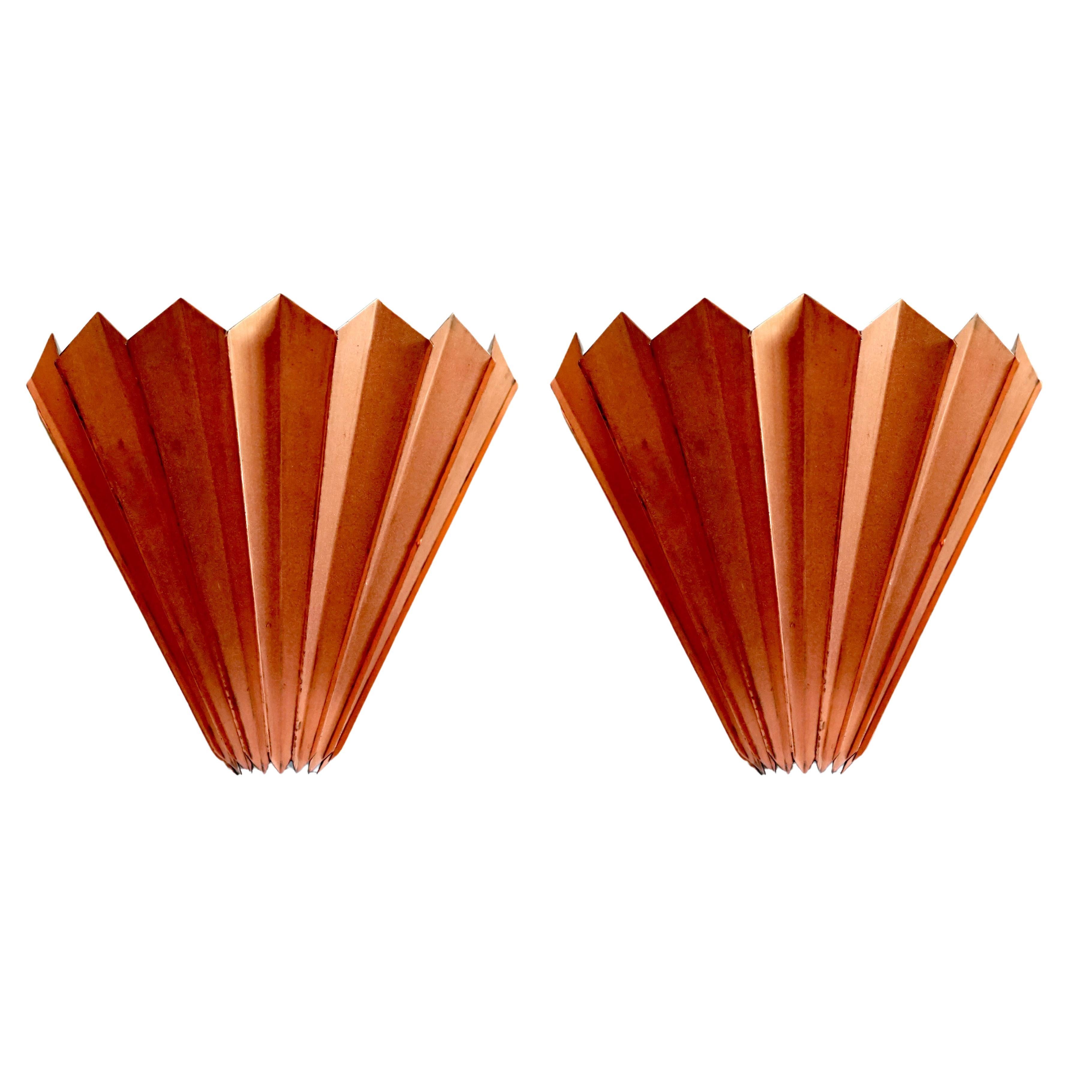 Pair of Large Lubow Copper Fluted Sconces For Sale