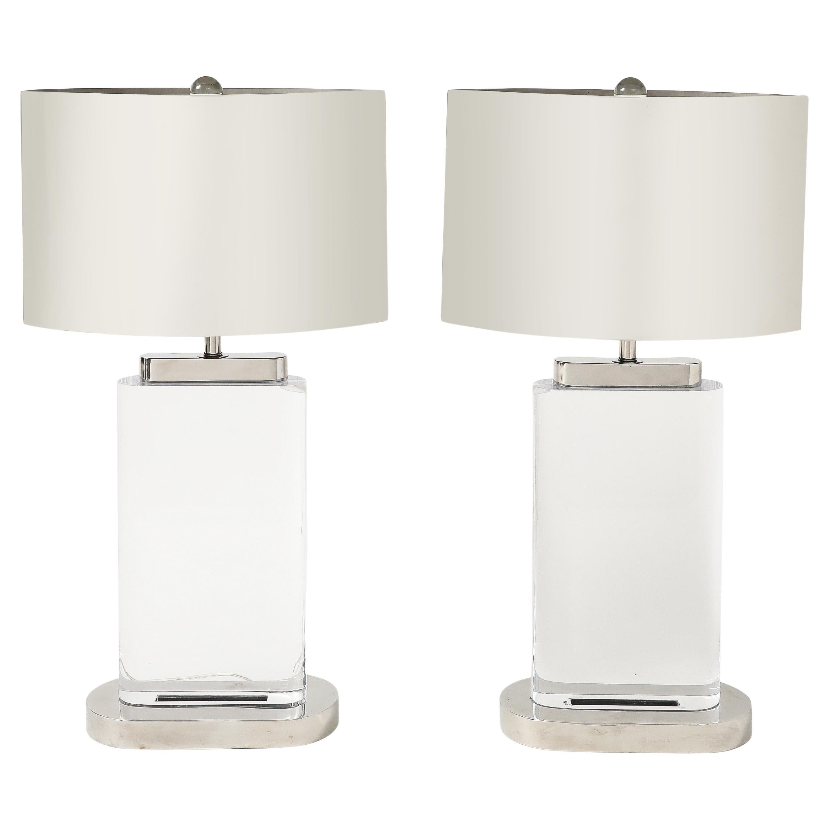 Pair of Large Lucite Lamps and Original Polished Steel Shades by Karl Springer