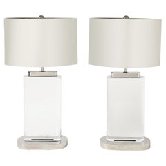 Pair of Large Lucite Lamps and Original Polished Steel Shades by Karl Springer