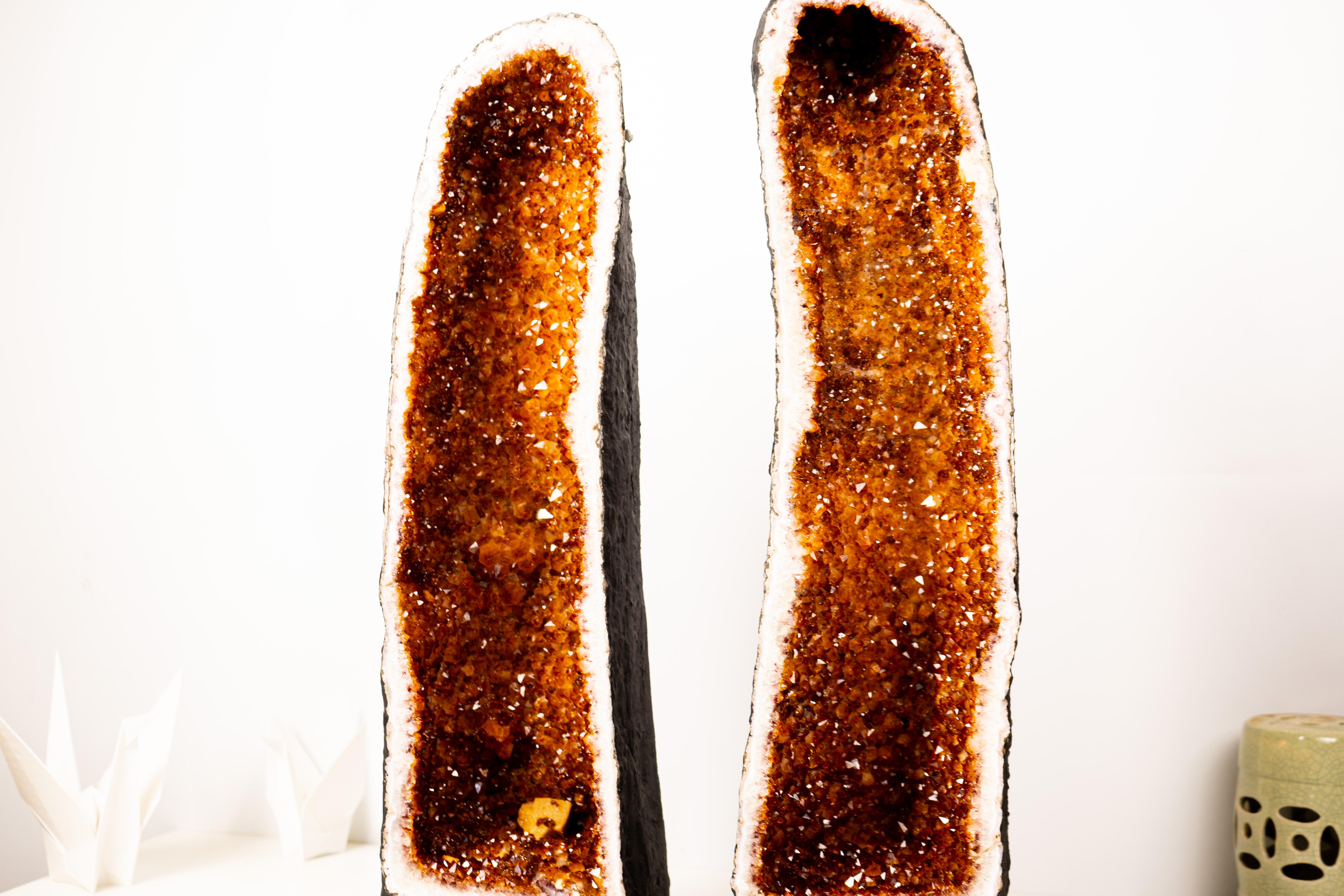Brazilian Pair of Large Madeira Citrine Geodes in Cathedral Format For Sale