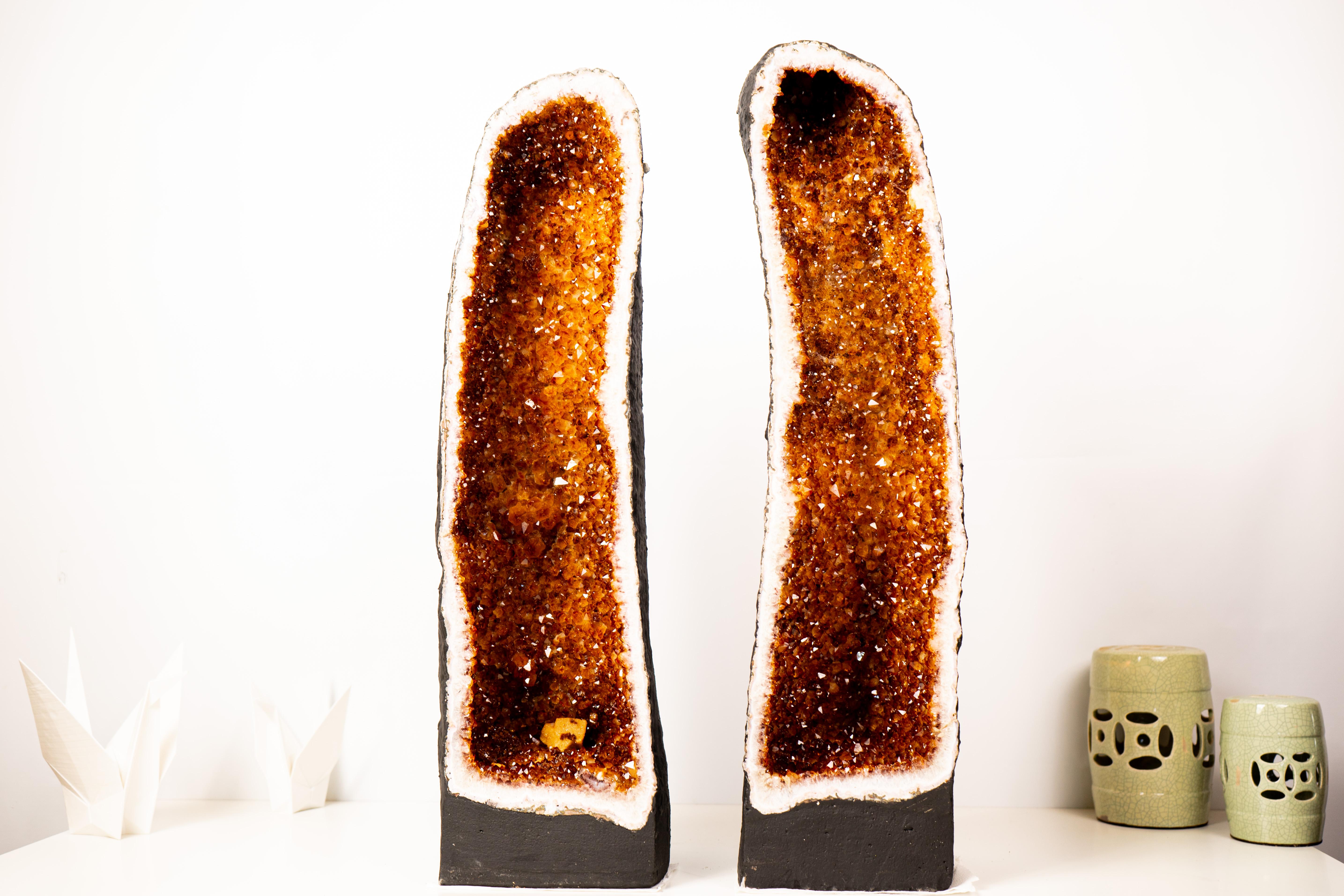 Contemporary Pair of Large Madeira Citrine Geodes in Cathedral Format For Sale