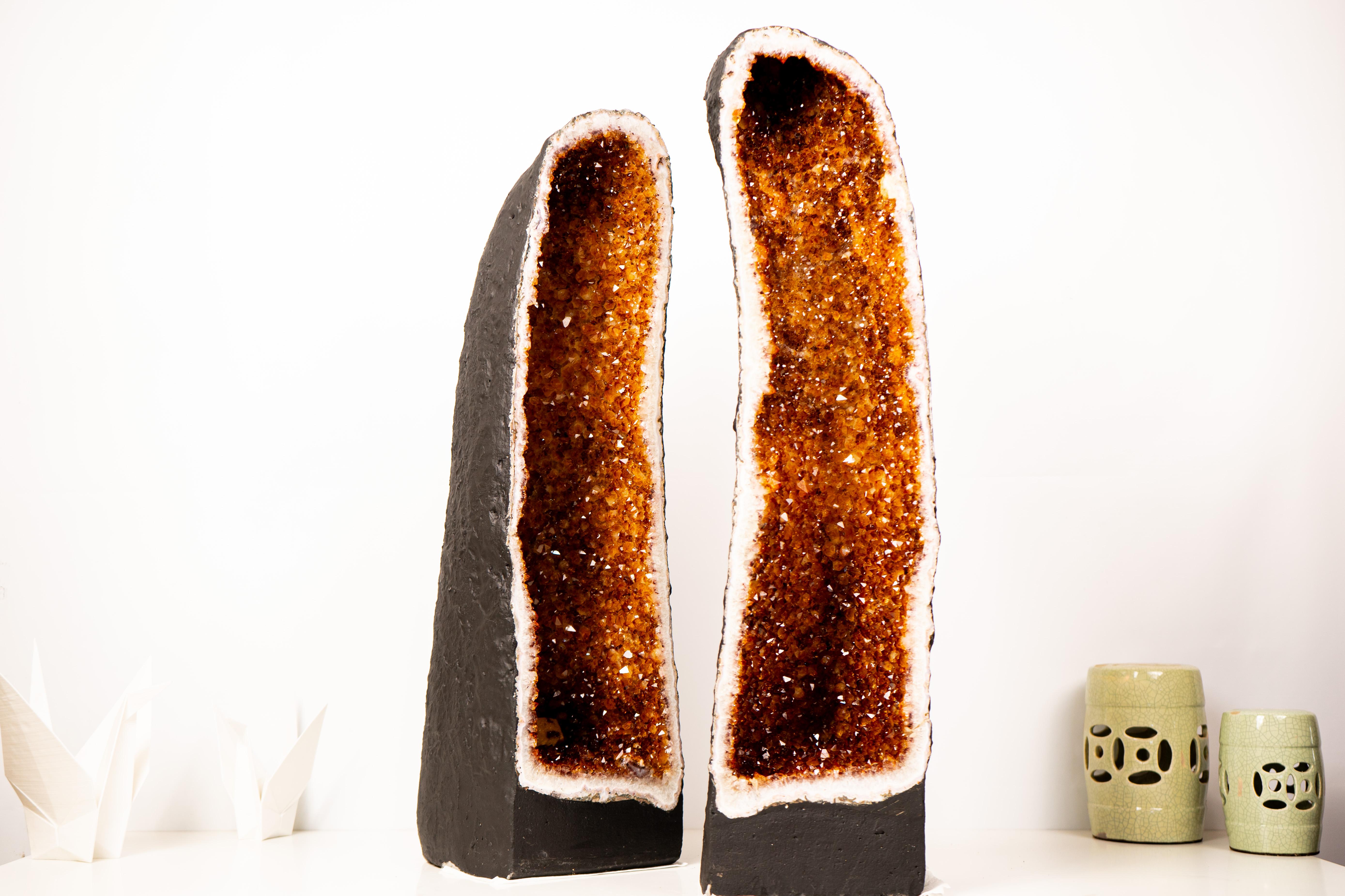 Crystal Pair of Large Madeira Citrine Geodes in Cathedral Format For Sale