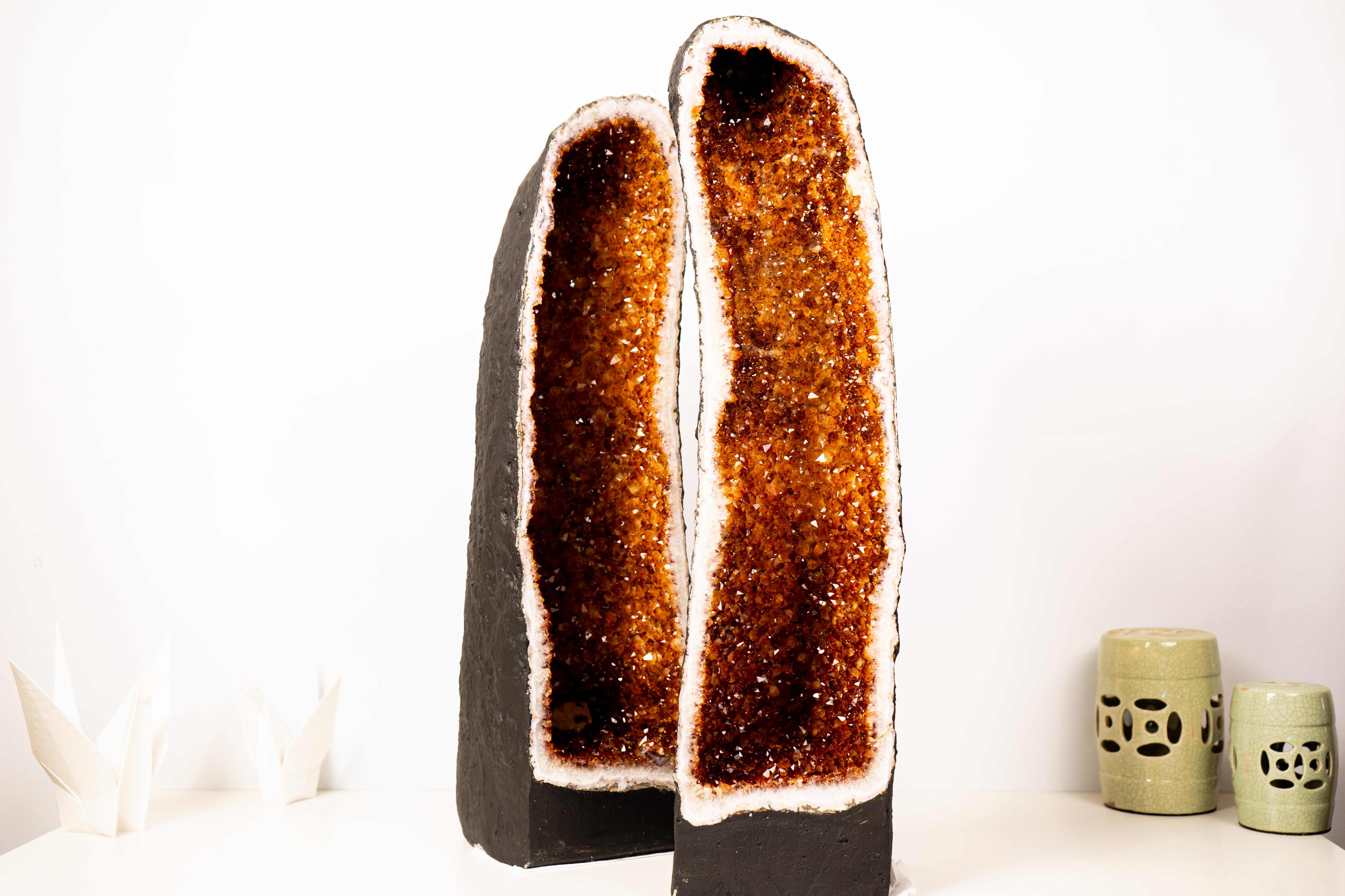 Pair of Large Madeira Citrine Geodes in Cathedral Format For Sale 1