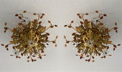 Paar Maison Baguès Vergoldetes Schmiedeeisen Kristall 9-Light Flush Mounts, Frankreich, 1940er Jahre