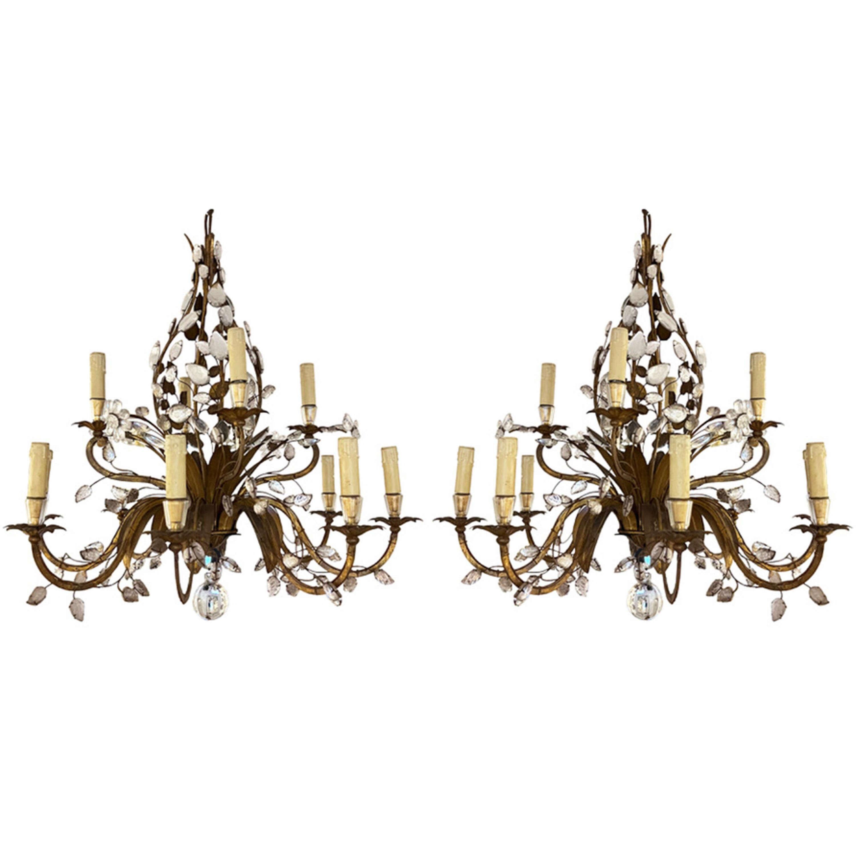 Metà XX secolo Pair of Large Maison Baguès Gilt Metal and Crystal Chandeliers With Twelve Arms in vendita