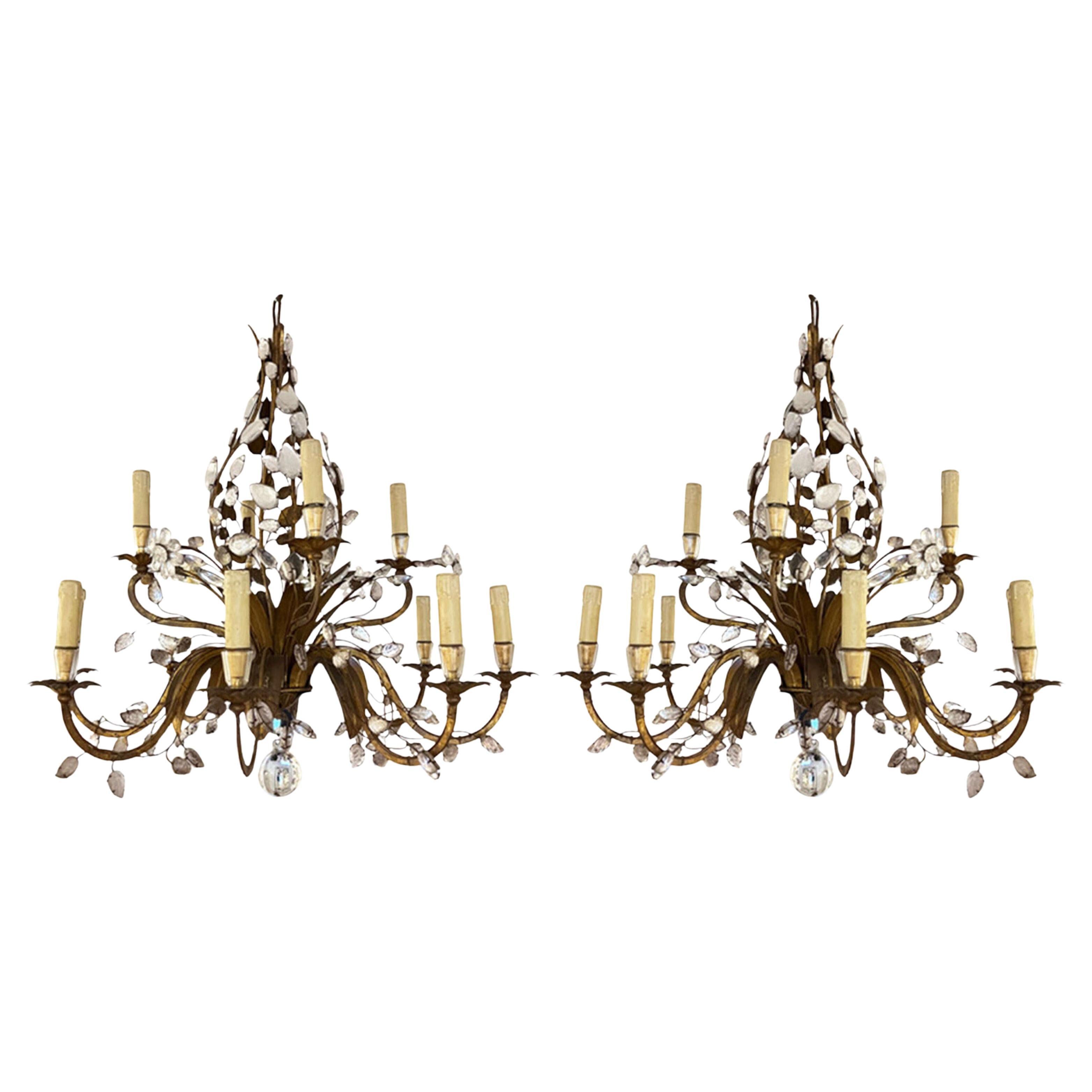 Pair of Large Maison Baguès Gilt Metal and Crystal Chandeliers With Twelve Arms
