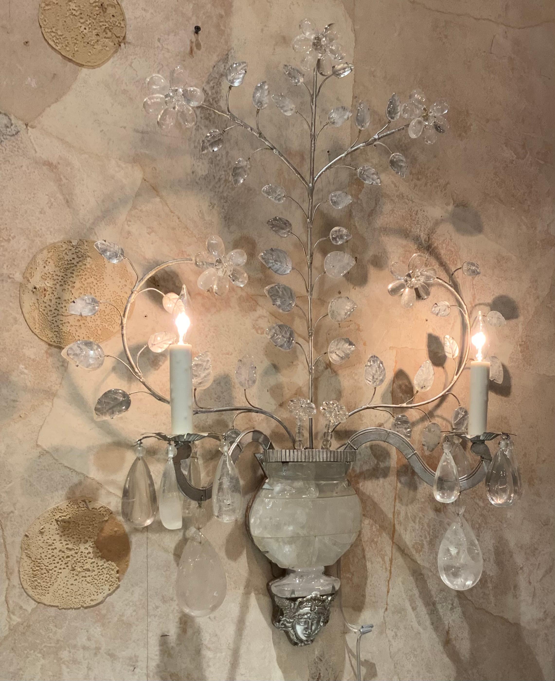 French Pair of large Maison Bagues style sconces with rock crystal For Sale