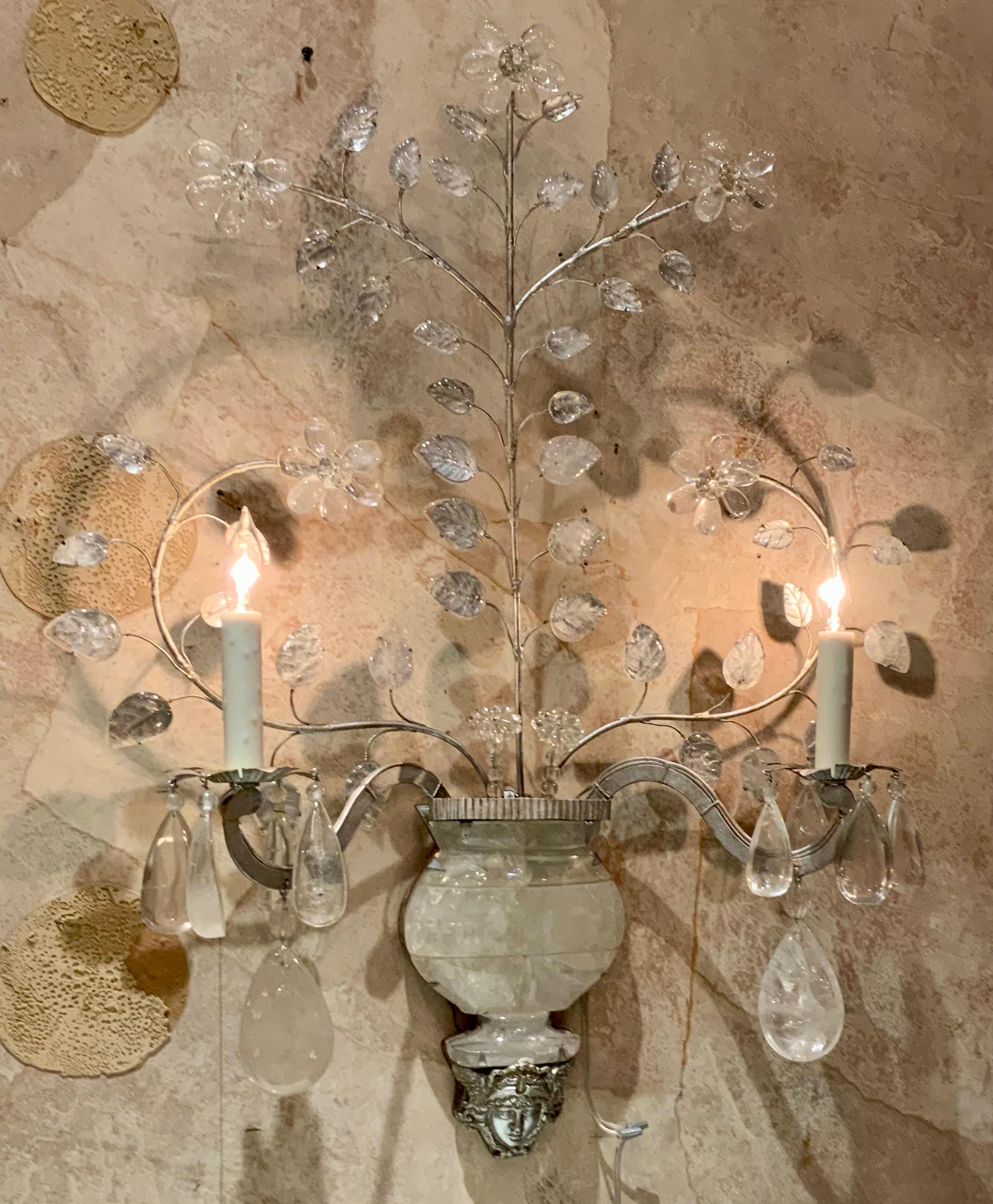 Pair of large Maison Bagues style sconces with rock crystal In Excellent Condition For Sale In Houston, TX