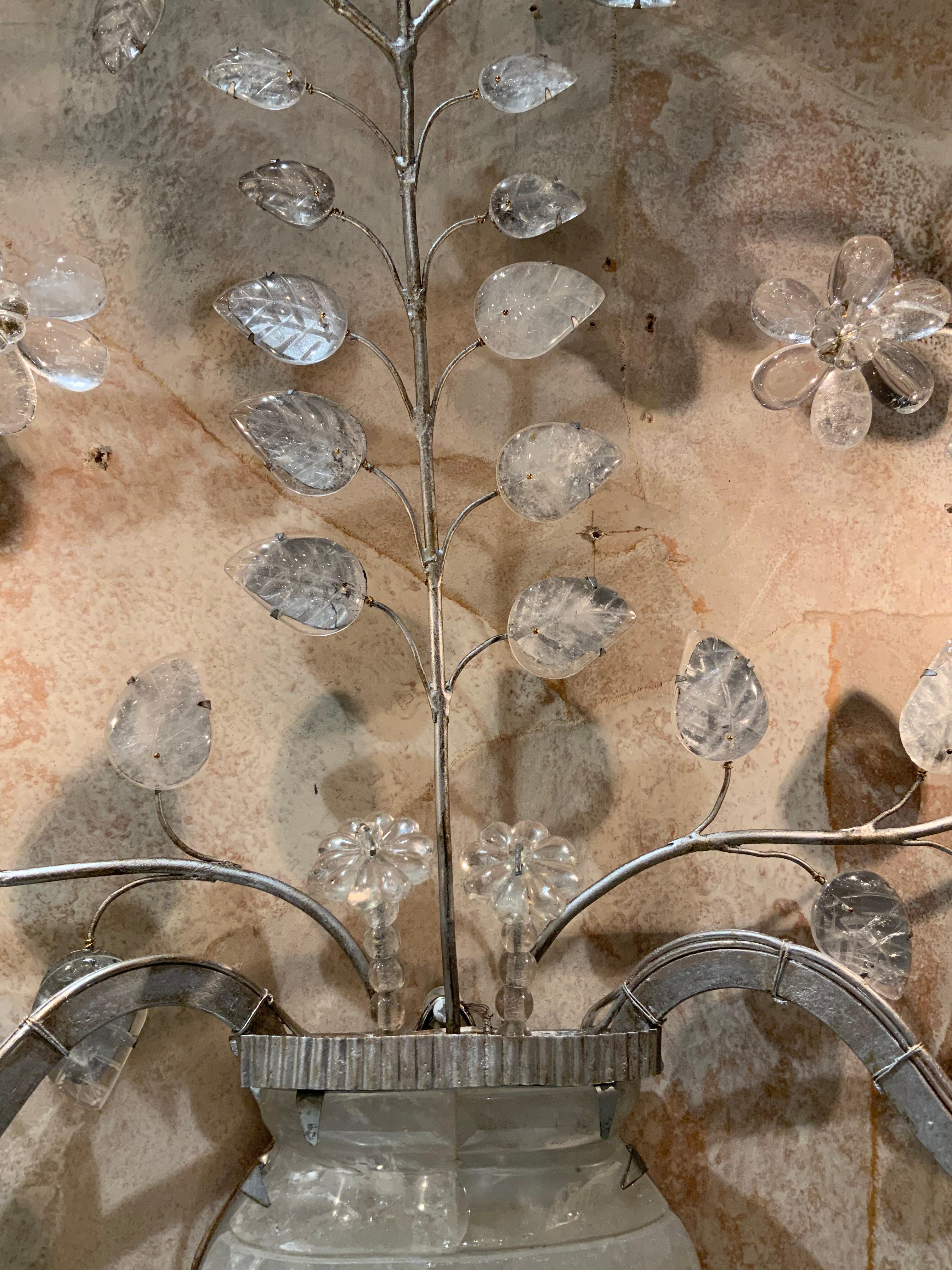 Rock Crystal Pair of large Maison Bagues style sconces with rock crystal For Sale