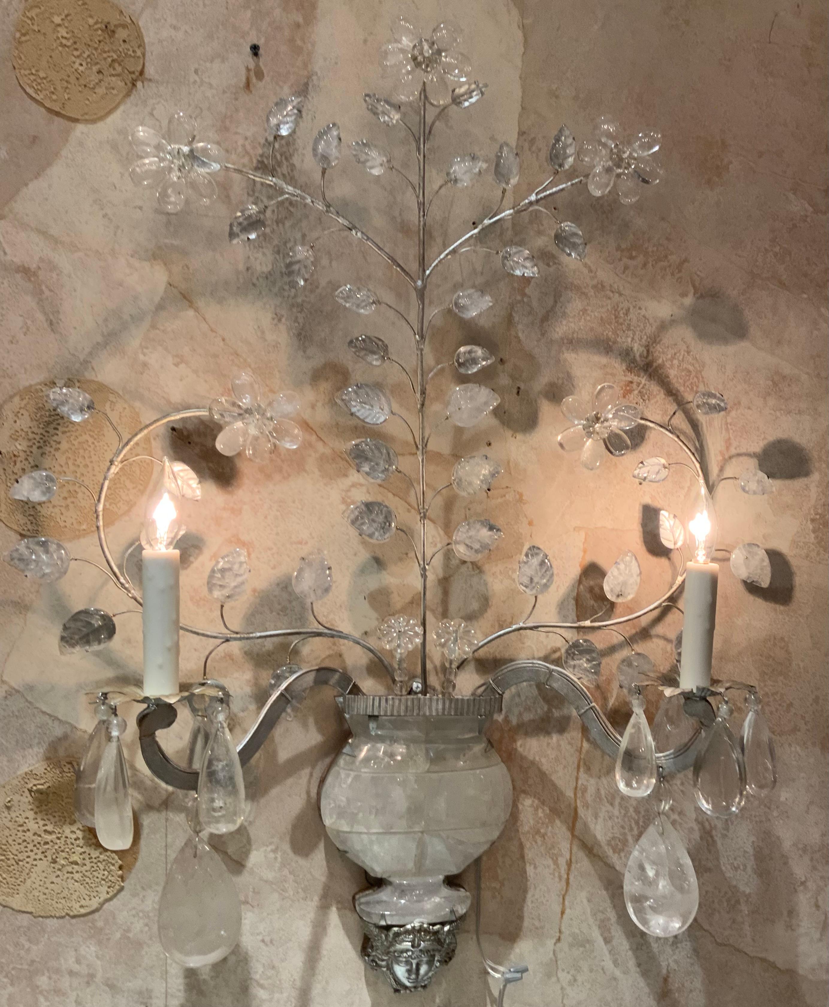Pair of large Maison Bagues style sconces with rock crystal For Sale 2
