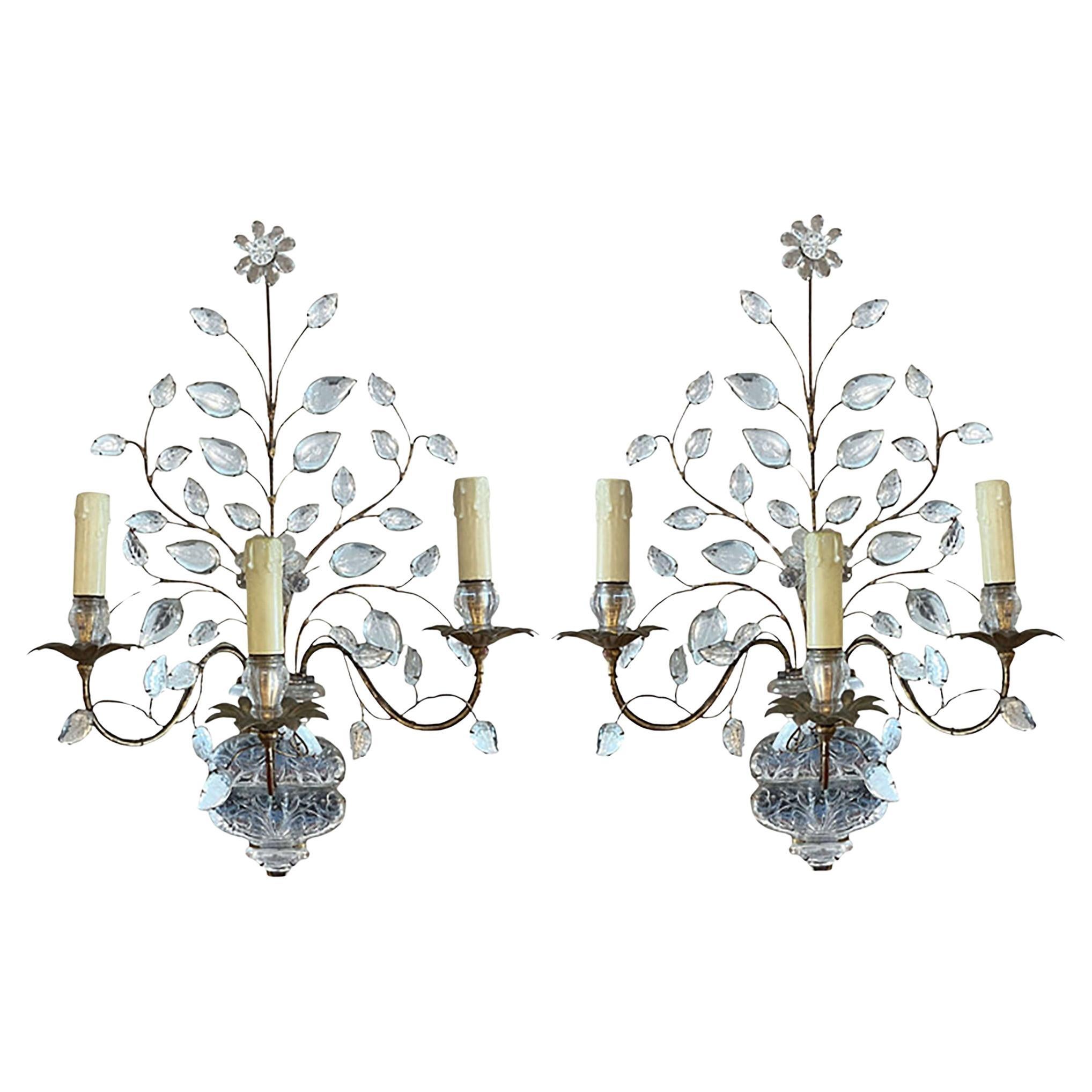 Pair of Large Maison Baguès Wall Sconces With Urns and Flowers