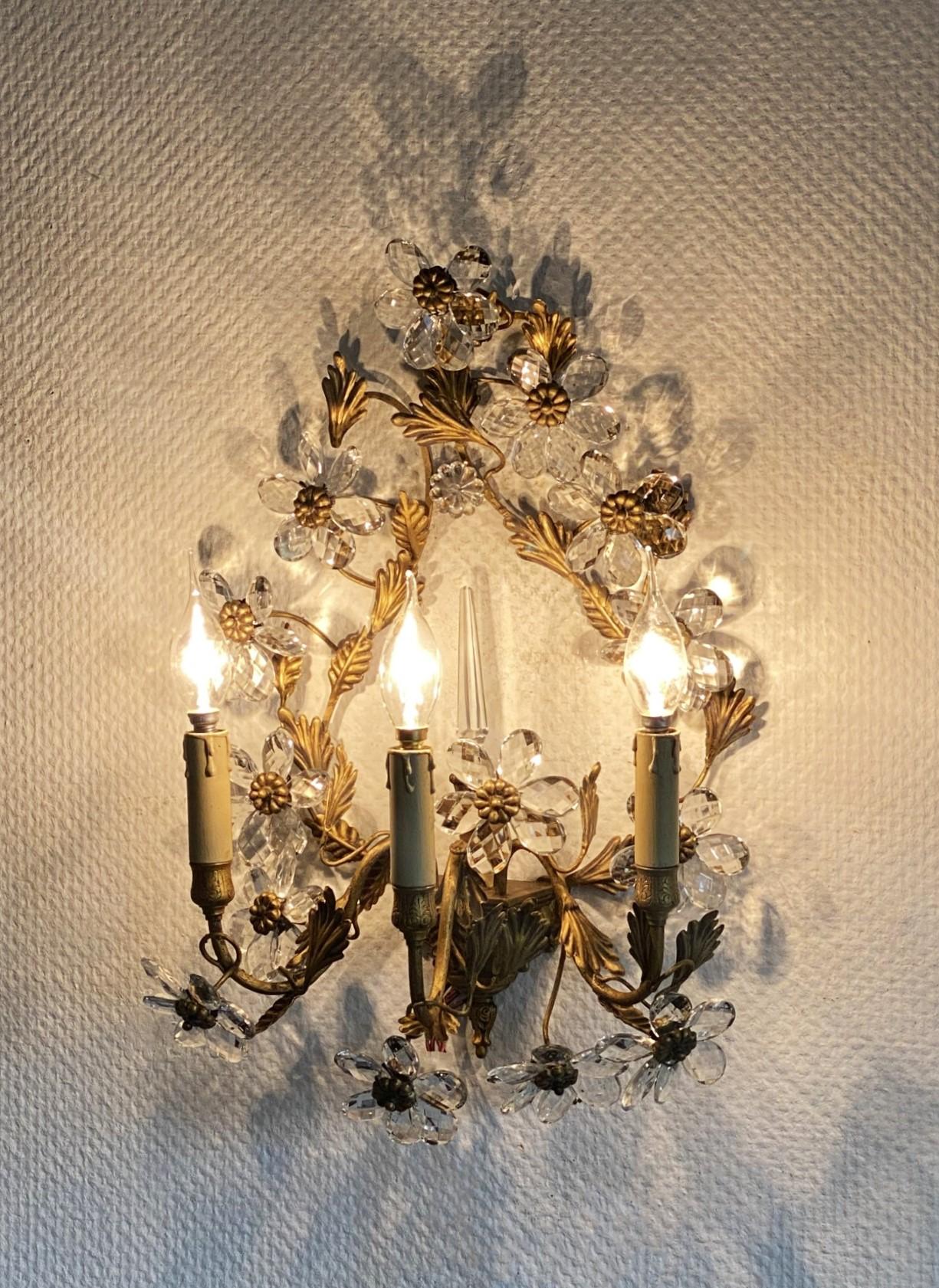 Pair of Large Maison Baguès Wrought Iron Crystal Flower Wall Sconces, 1930s For Sale 3