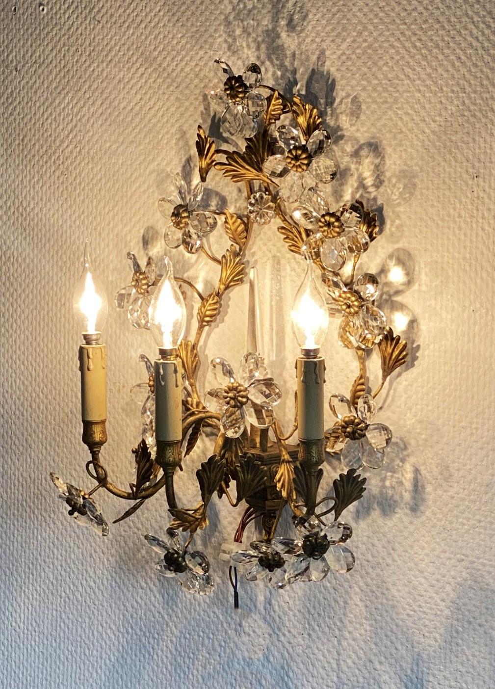Pair of Large Maison Baguès Wrought Iron Crystal Flower Wall Sconces, 1930s For Sale 4