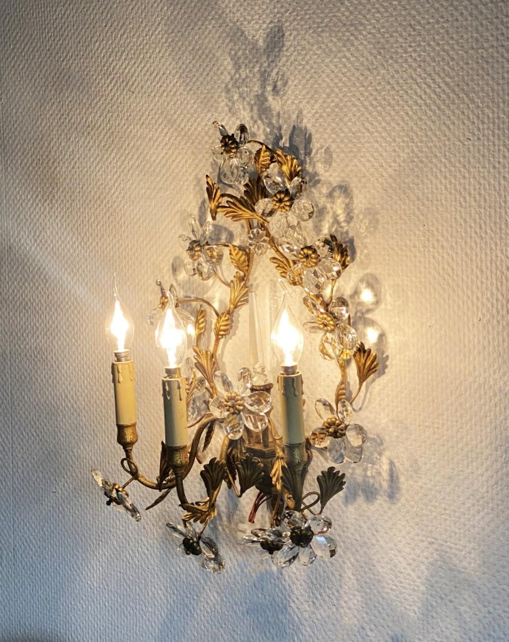 Pair of Large Maison Baguès Wrought Iron Crystal Flower Wall Sconces, 1930s For Sale 5