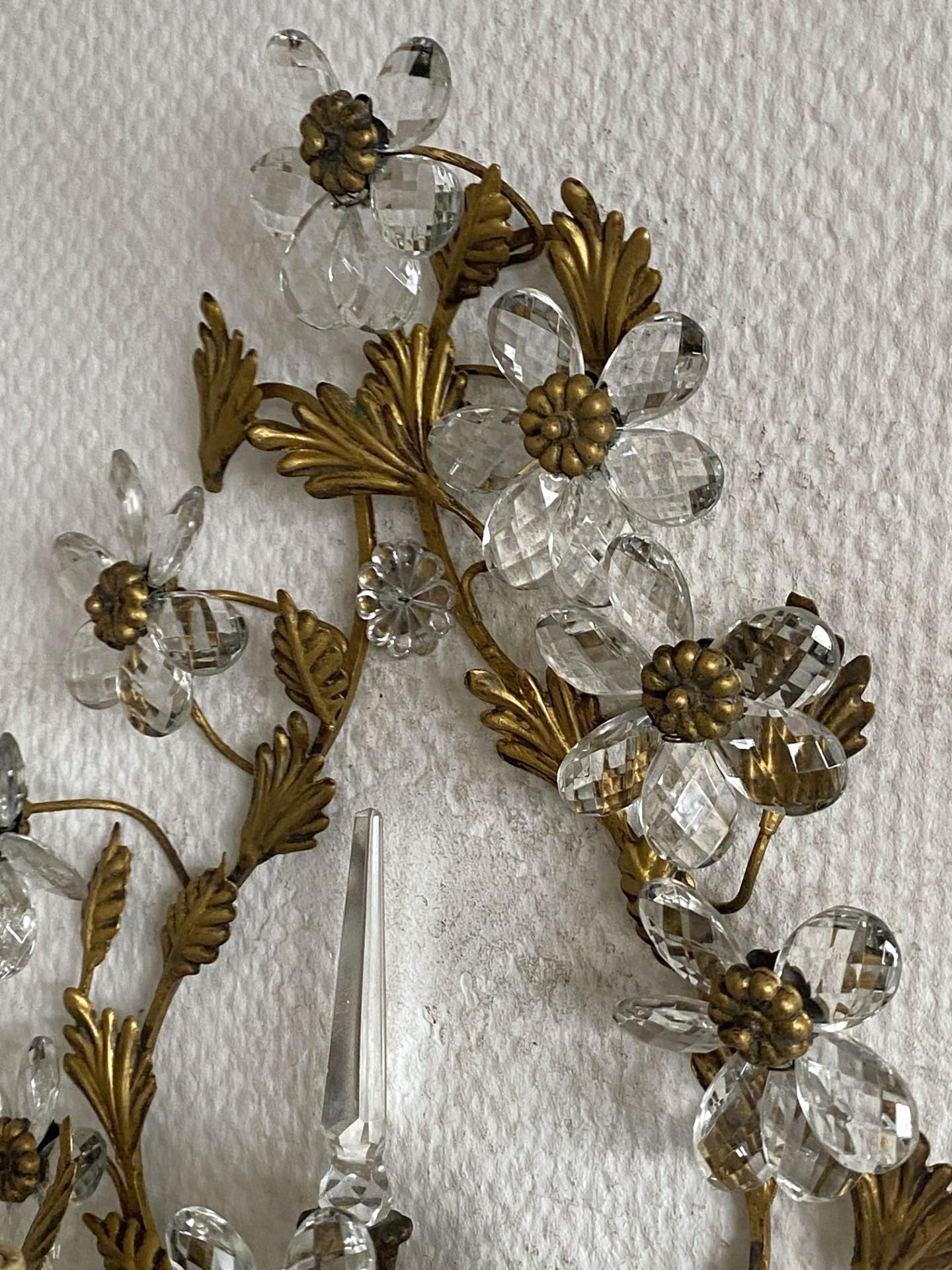 Pair of Large Maison Baguès Wrought Iron Crystal Flower Wall Sconces, 1930s For Sale 8
