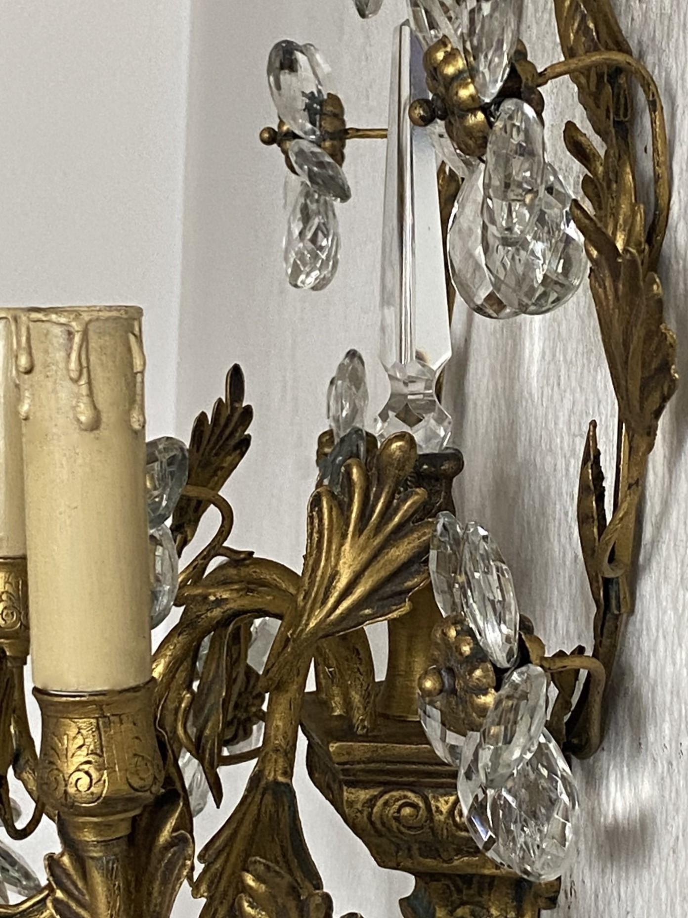 Pair of Large Maison Baguès Wrought Iron Crystal Flower Wall Sconces, 1930s For Sale 9