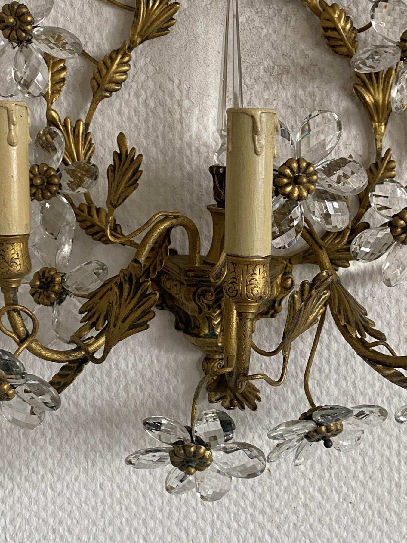 Pair of Large Maison Baguès Wrought Iron Crystal Flower Wall Sconces, 1930s For Sale 11