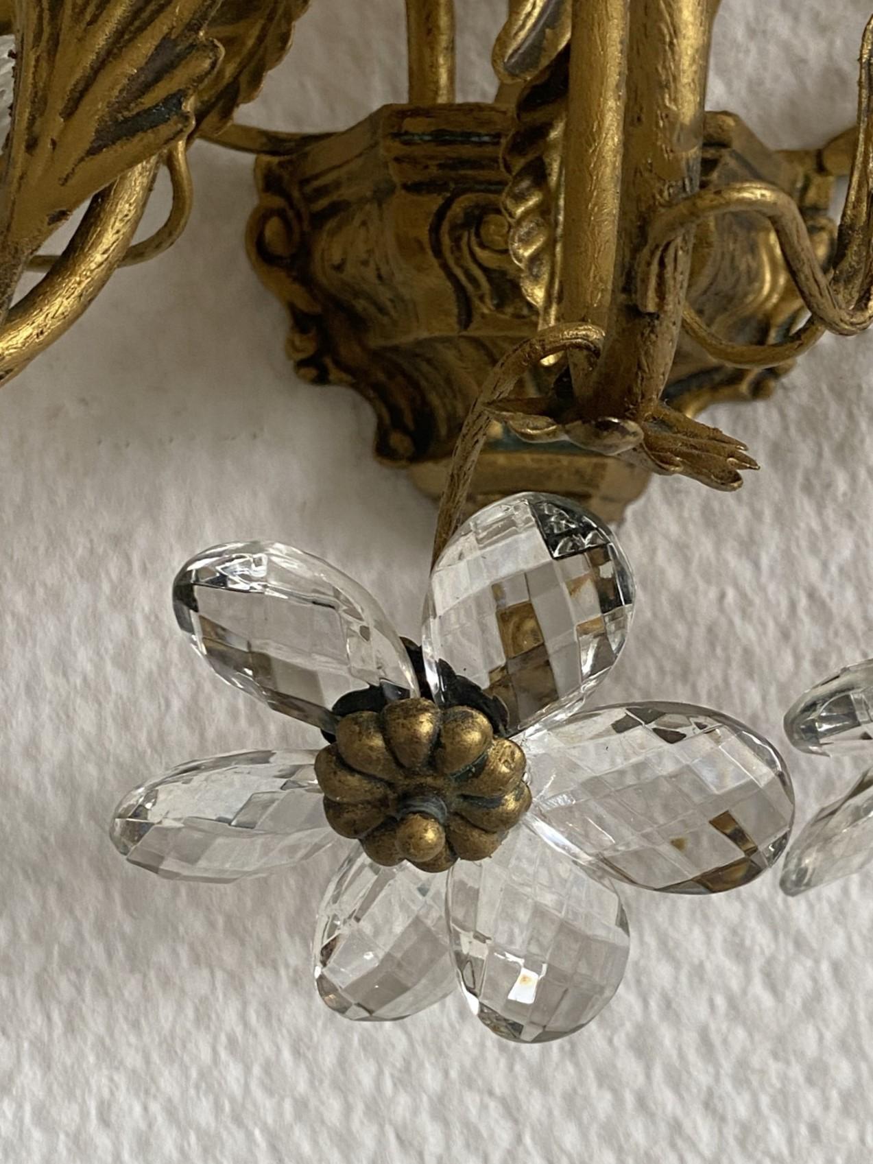 Pair of Large Maison Baguès Wrought Iron Crystal Flower Wall Sconces, 1930s For Sale 12