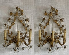 Antique Pair of Large Maison Baguès Wrought Iron Crystal Flower Wall Sconces, 1930s