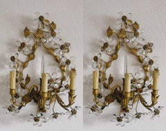 Pair of Gilt Wrought Iron Crystal Flower Thee-Light Wall Sconces, Italy 1930s