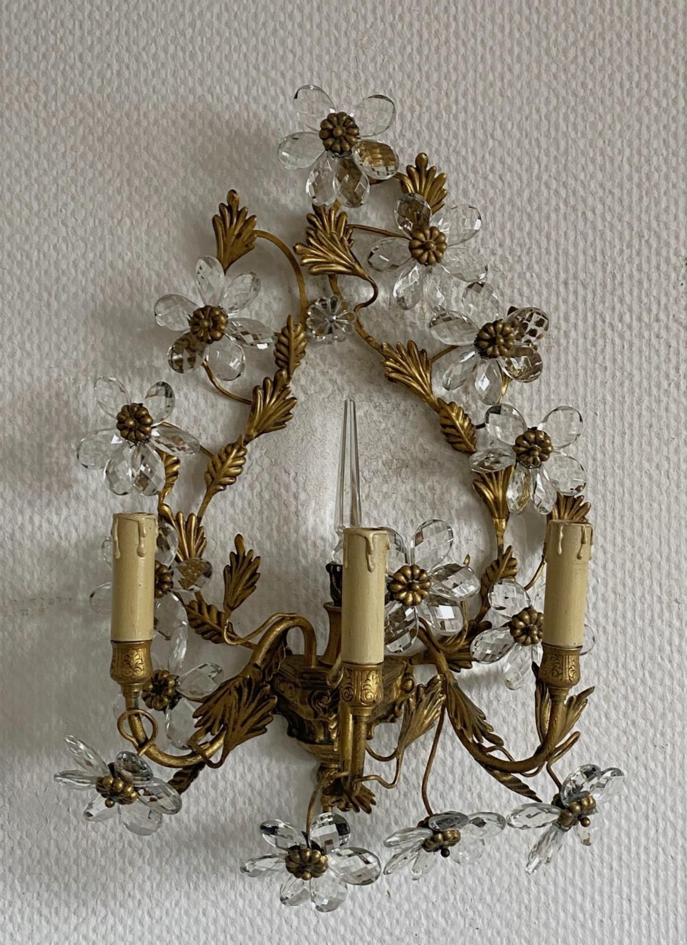 French Pair of Large Maison Baguès Wrought Iron Crystal Flower Wall Sconces, 1930s For Sale