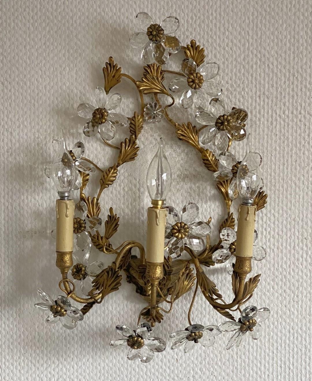 1930's Pair French Wrought Iron Crystal Thee-Light Wall Sconces by Maison Bagues (Französisch) im Angebot