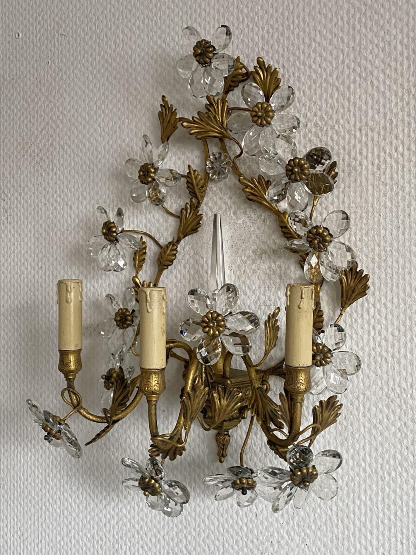 Gilt Pair of Large Maison Baguès Wrought Iron Crystal Flower Wall Sconces, 1930s For Sale