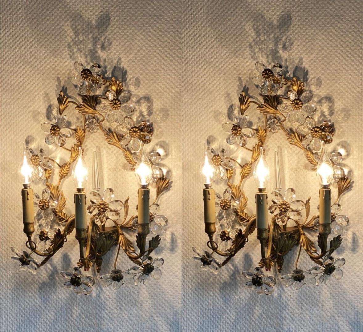 Pair of Large Maison Baguès Wrought Iron Crystal Flower Wall Sconces, 1930s For Sale 2