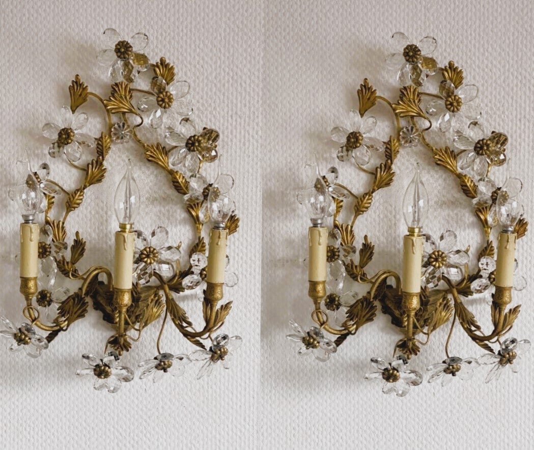 1930's Pair French Wrought Iron Crystal Thee-Light Wall Sconces by Maison Bagues
