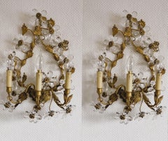 1930's Pair French Wrought Iron Crystal Thee-Light Wall Sconces by Maison Bagues